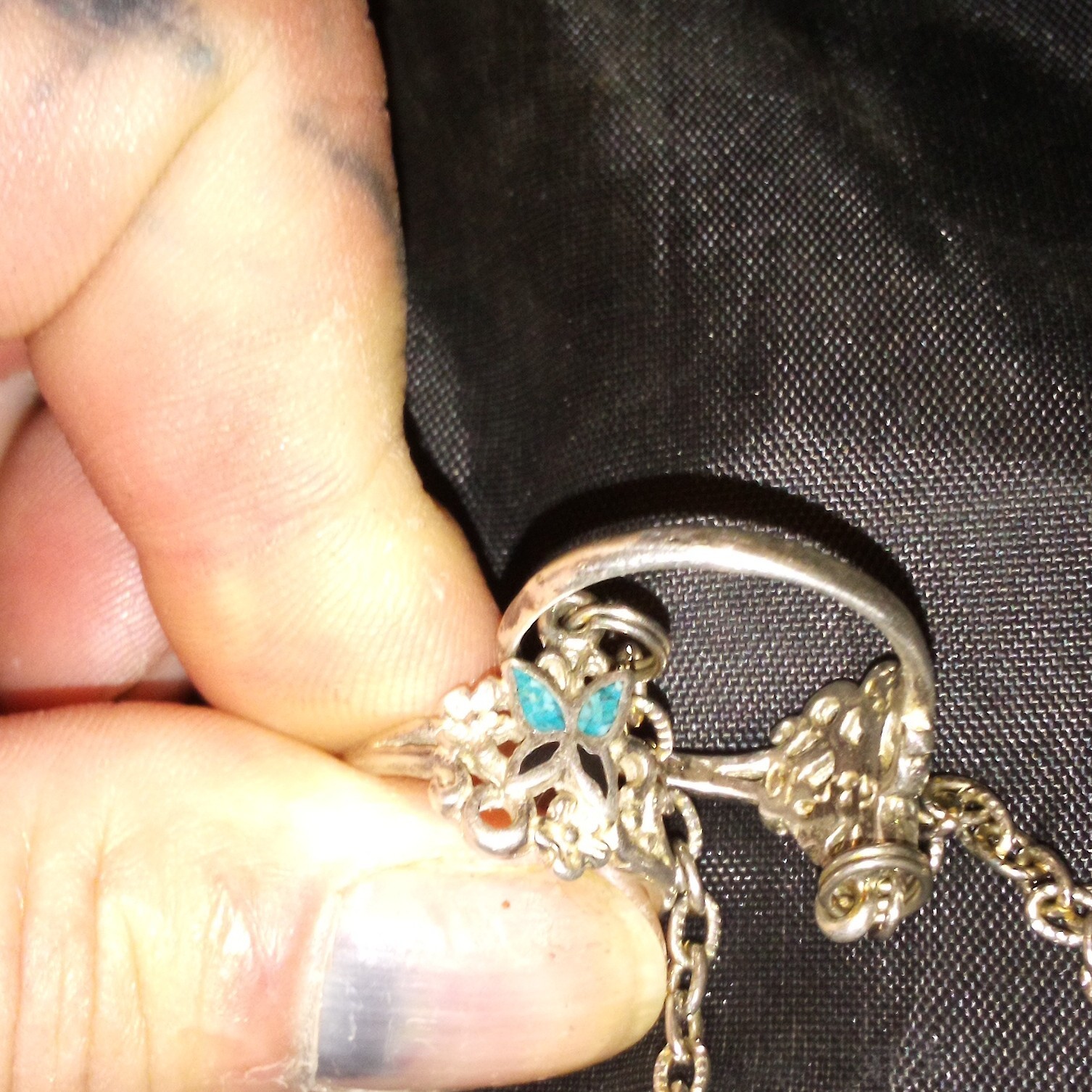 Silver-Tone Butterfly Cuff Bracelet w/ Blue Inlay Cable Chain Dangle Charms