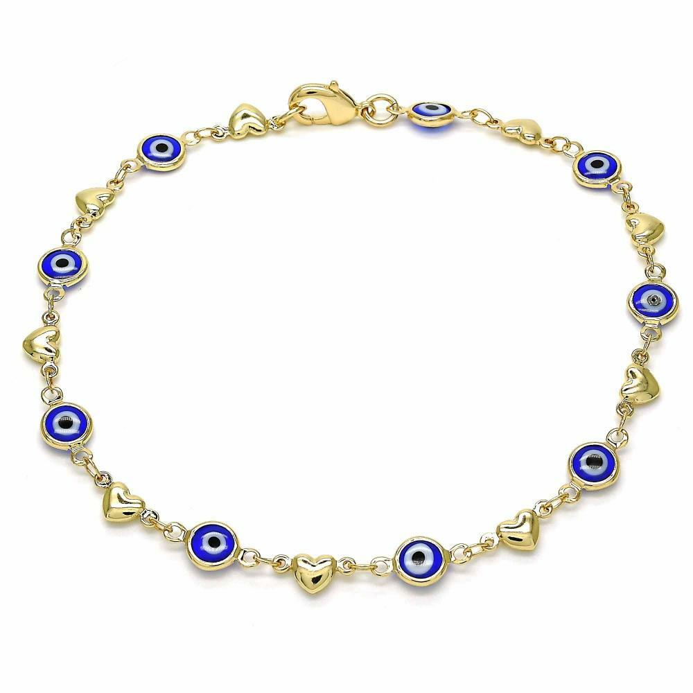 14K Gold Filled Multicolor Evil Eye Heart Anklet Protection Envy 10 inches
