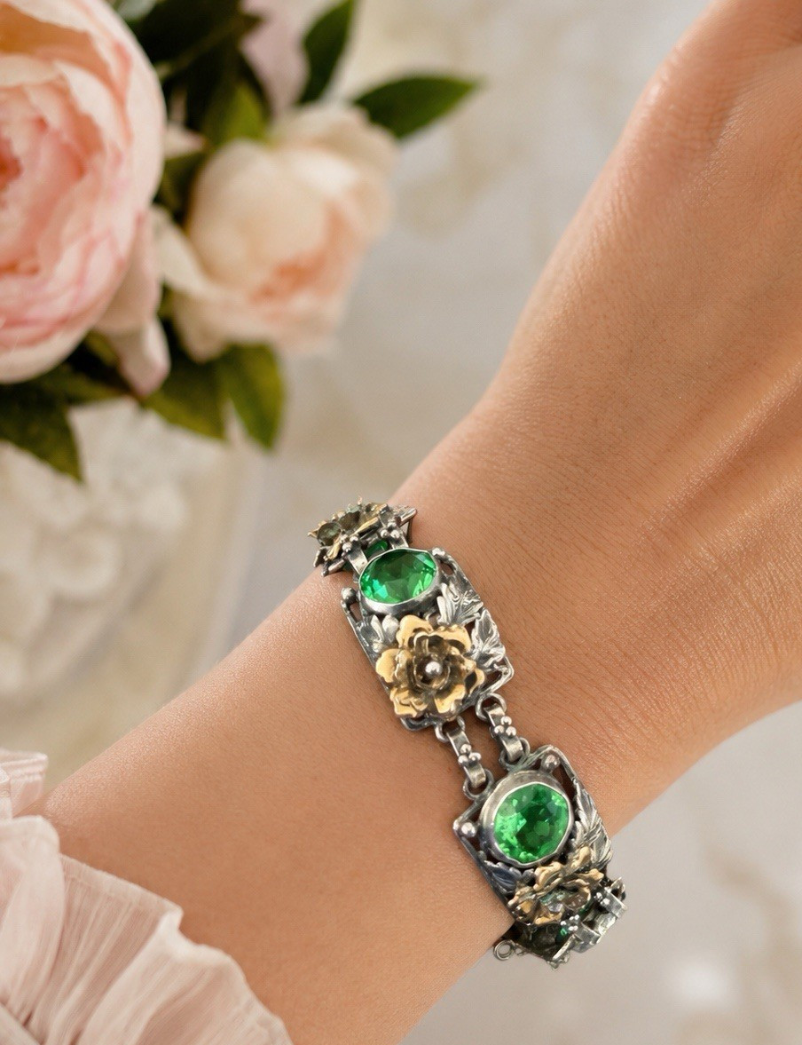 Signed Hobe 40’s Sterling Silver 1/20 14K Gold Floral Link Bracelet Green Glass