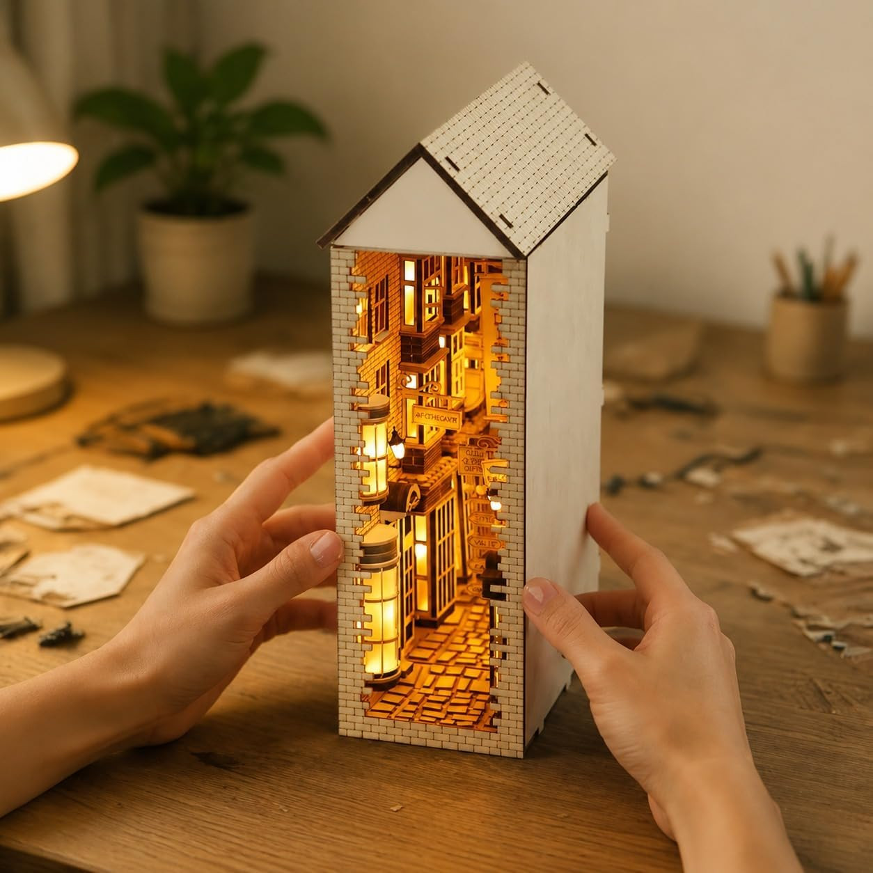 Wizard-Themed Book Nook Kit, Enchanted Street Wooden Bookshelf Insert, DIY Hand-