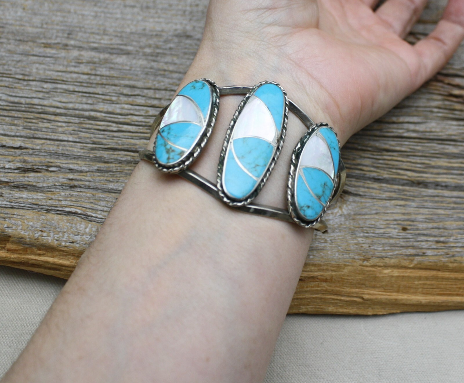 Vintage Native American Navajo Turquoise Mother of Pearl Nickle Silver Bracelet