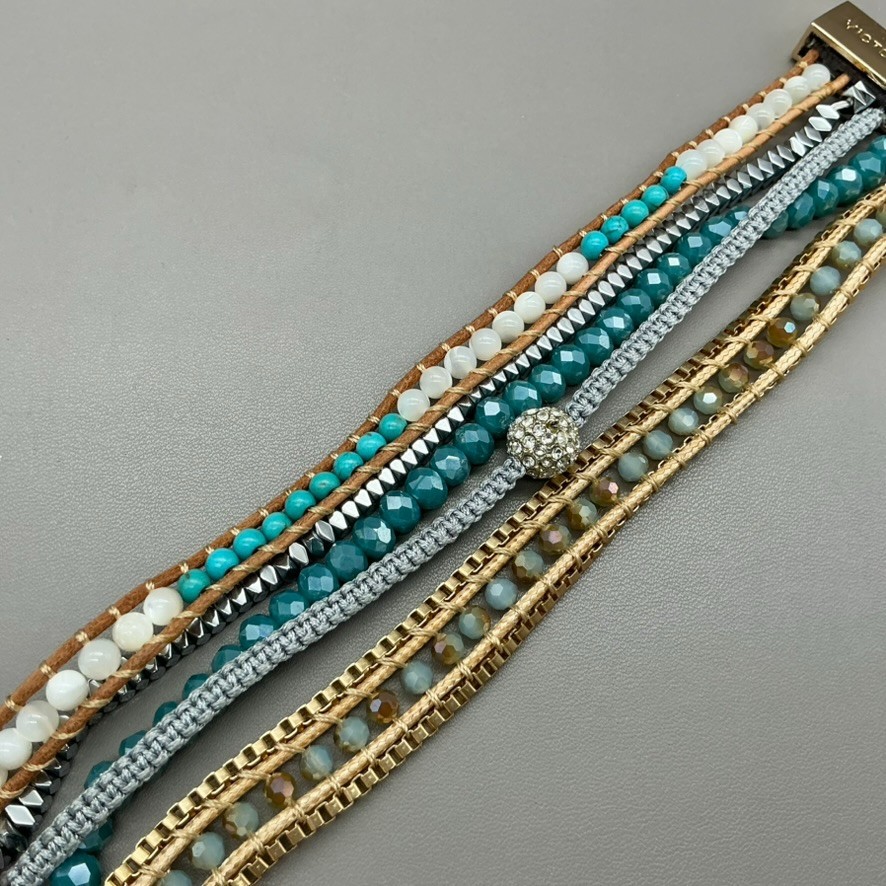 Victoria Emerson Bracelet Multi Strand Teal Beaded Crystal Leather Magnetic 7.5″