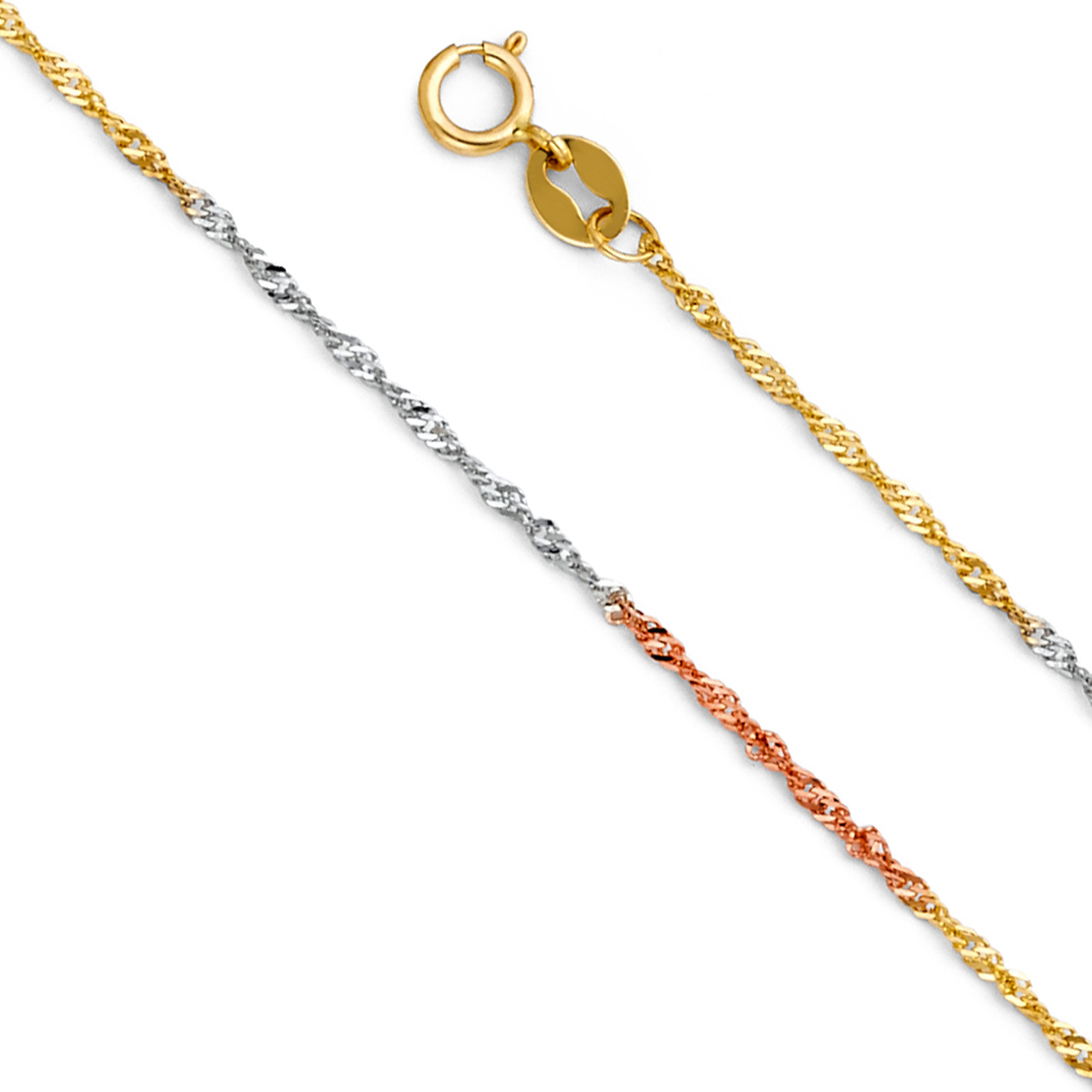 14K Solid Real Yellow White Rose Tri-Color Gold 1.2mm Singapore Chain 16”- 24”