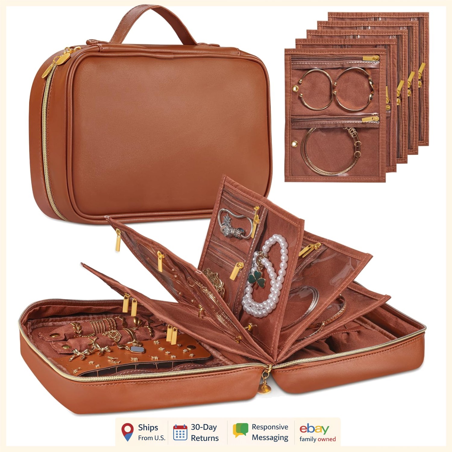 Leather Jewelry Case Organizer with Clear Pouch for Travel and Home Storage