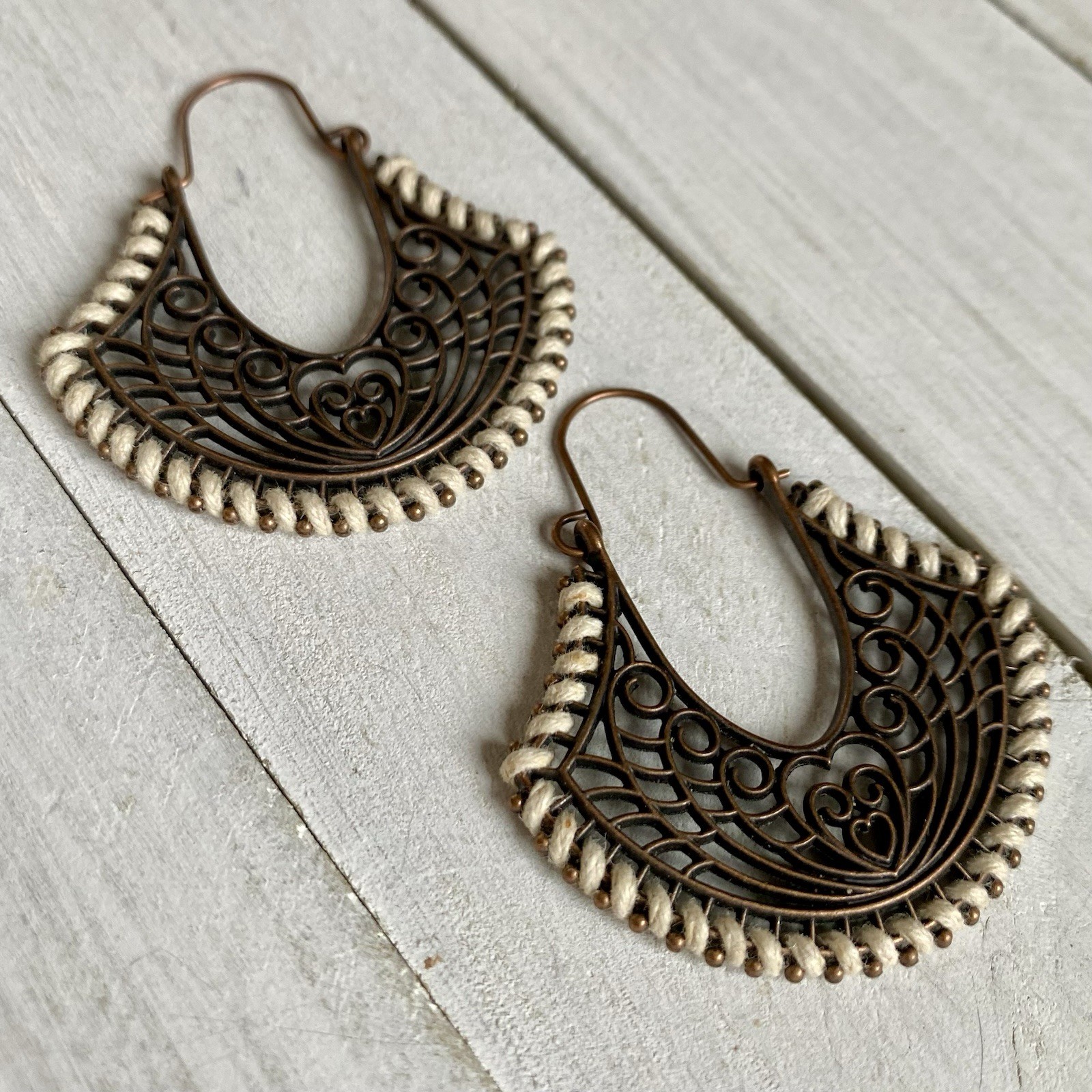 Cream Hemp Edged Filigree Pendant Antique Copper Artisan Boho Earrings