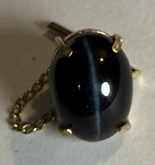 Men’s 1/5 10k Yellow Gold Tie Tack w/ Chain, Oval Black stars sapphire