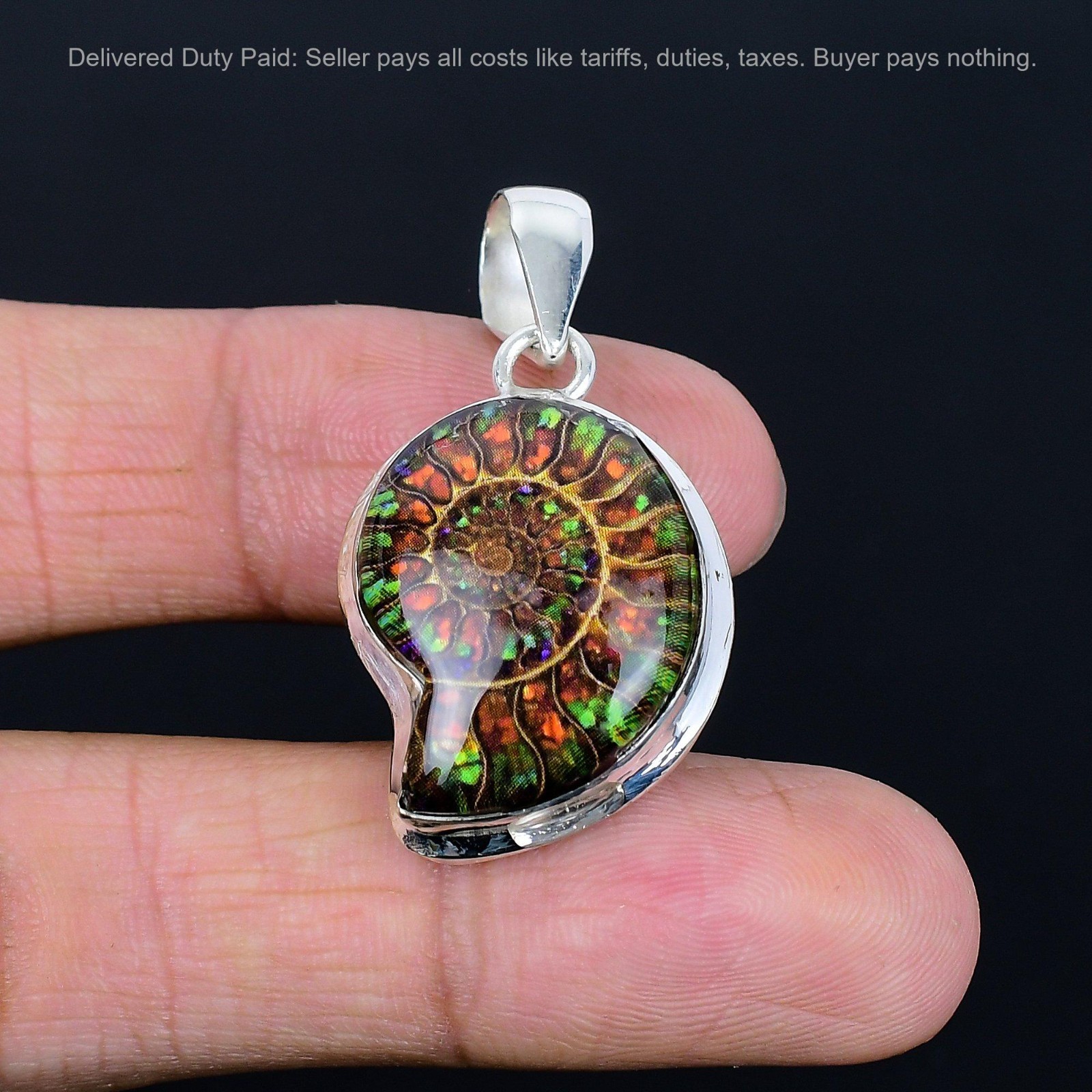 Sterling Silver Pear Natural Ammonite Doublet Opal Mother Birthday Boho Pendant