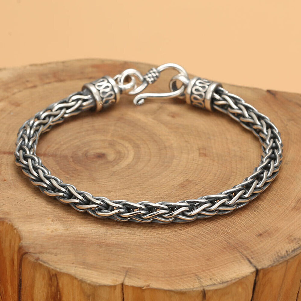 Pure S925 Sterling Silver Chain 6mm Double Wheat Link Bracelet 7.1-8.7inch