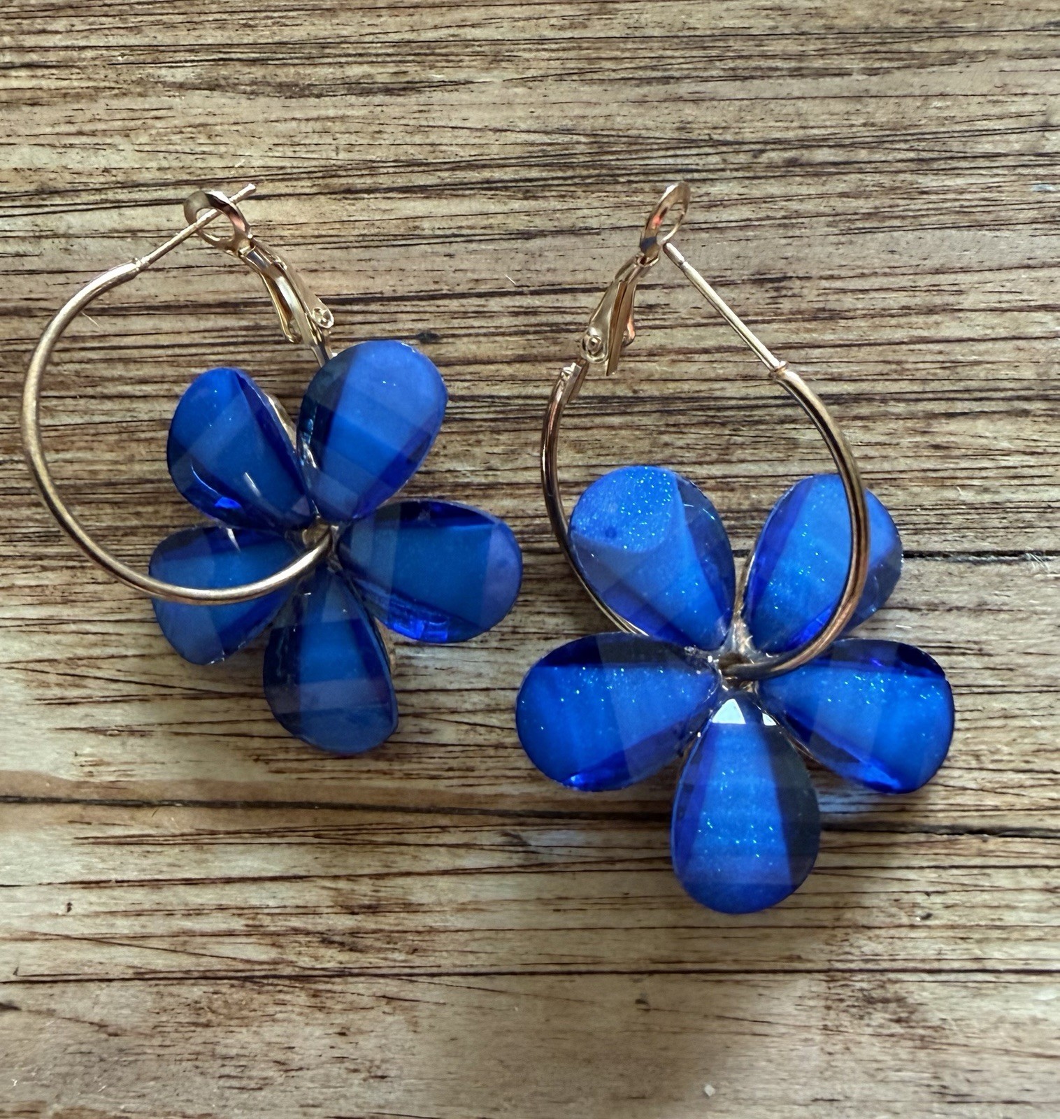 Versatile Blue Flower Hoop Dangle Earrings 2 1/2” Drop