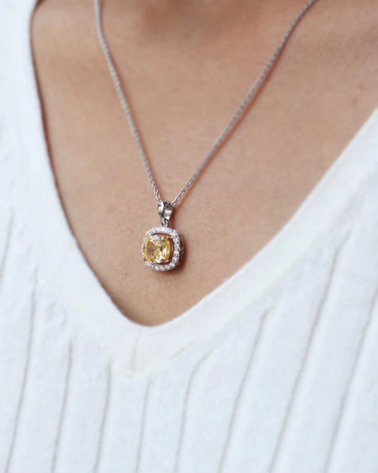 Cushion Yellow Moissanite Halo Pendant Necklace Valentine’s Day Gift for Her