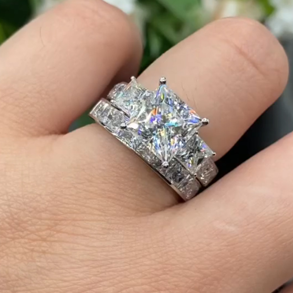 2.4CTW Princess Cut Moissanite 3-Stone Engagement Ring Set 14k White Gold Plated