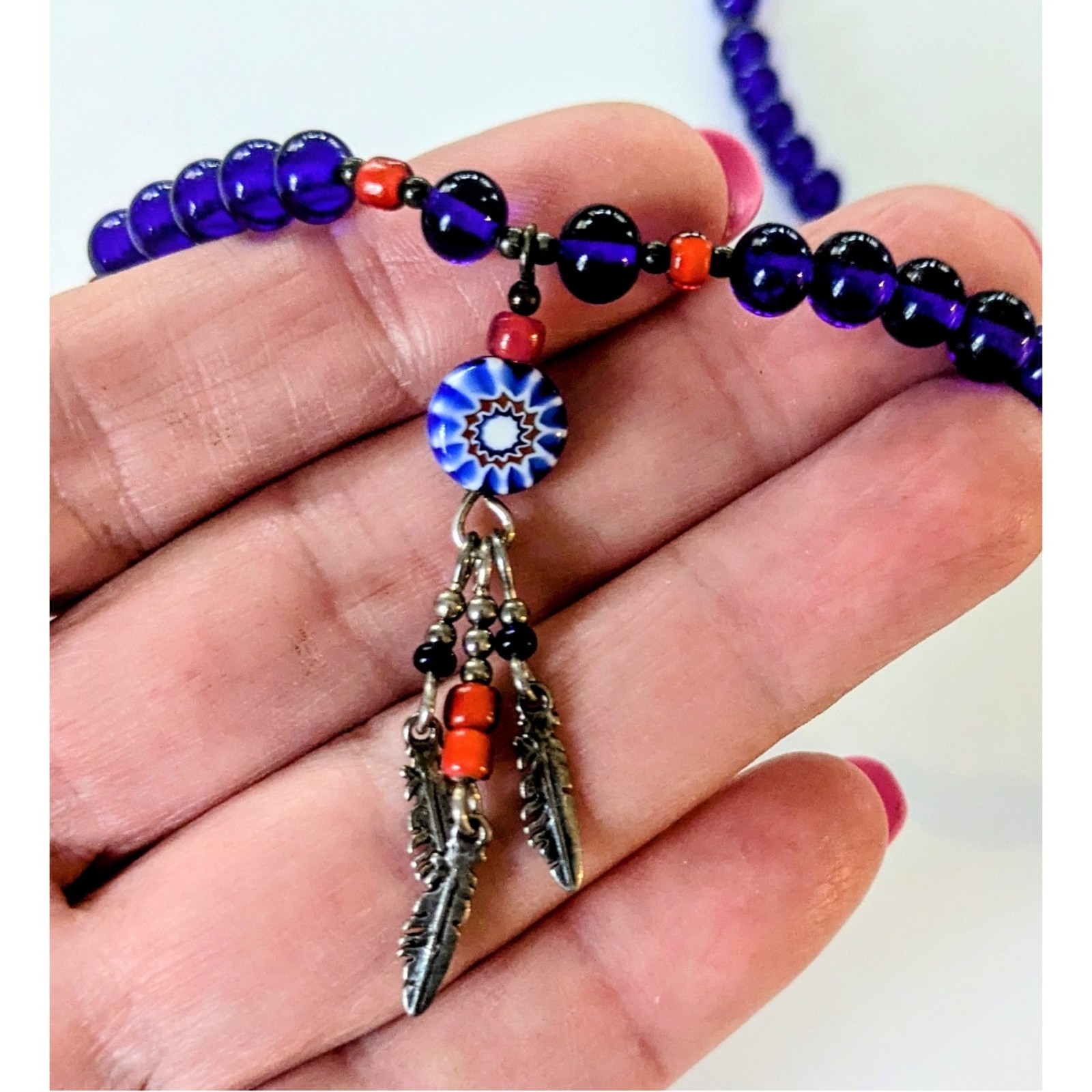 N.A. Style Sterling Silver Cobalt Blue Beaded Feather Pendant Necklace 23.5″