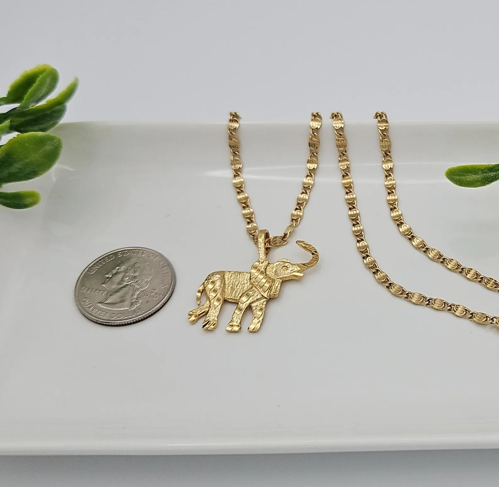 Gold Elephant Necklace, Medium Elephant Pendant, 3mm Scroll Chain, 14K Plated