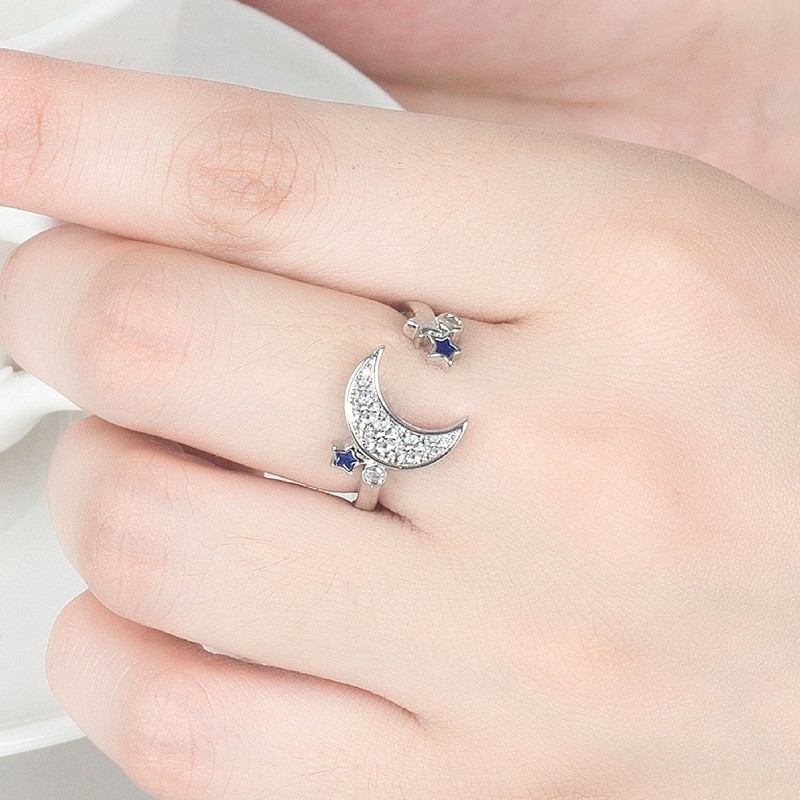 925 Sterling Silver Butterfly Bow Moon Star Zircon Adjustable Open Ring Women