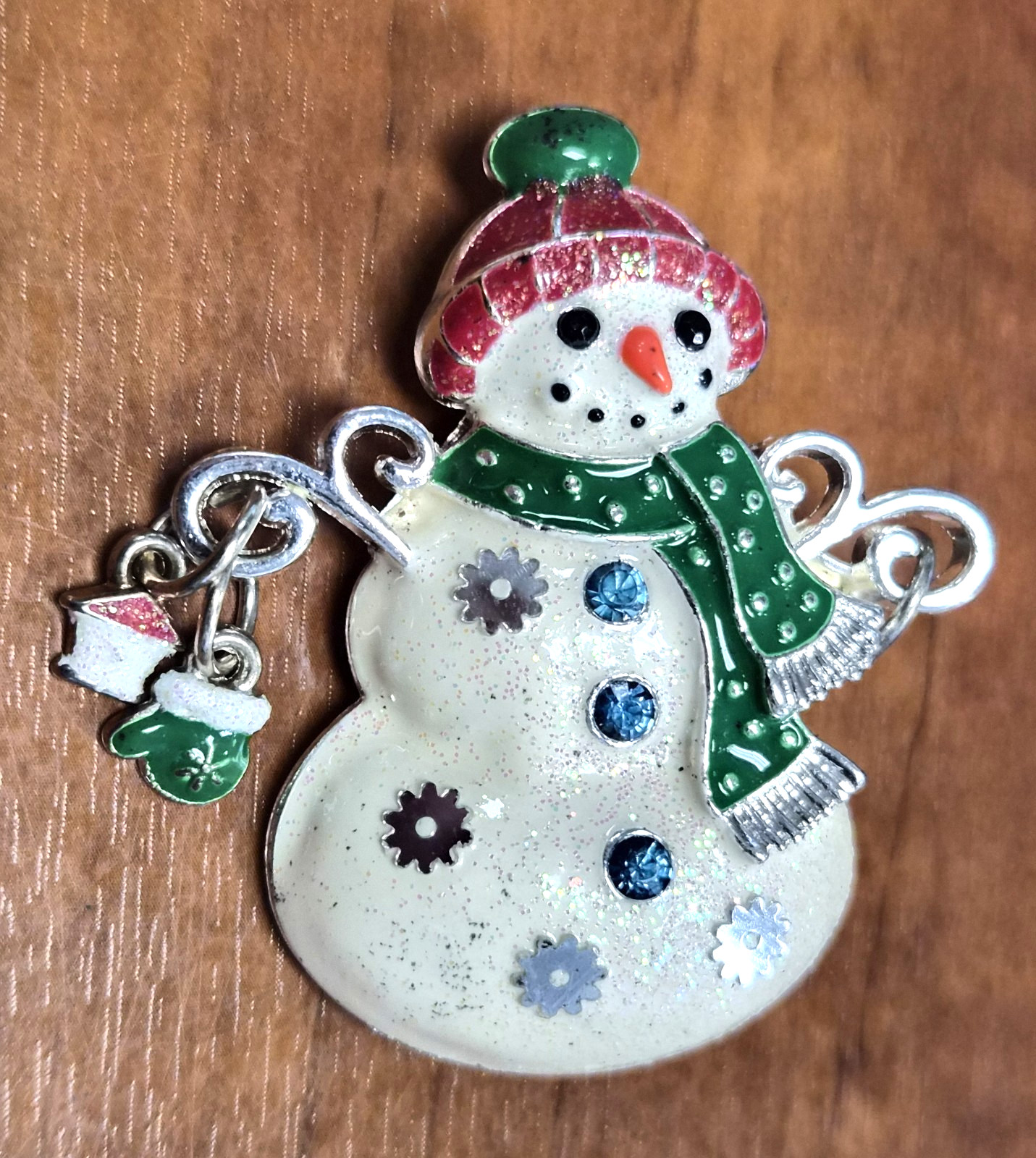 Vintage 90’s Christmas Rhinestone & Enamel Snowman Holding Charms Pin / Brooch