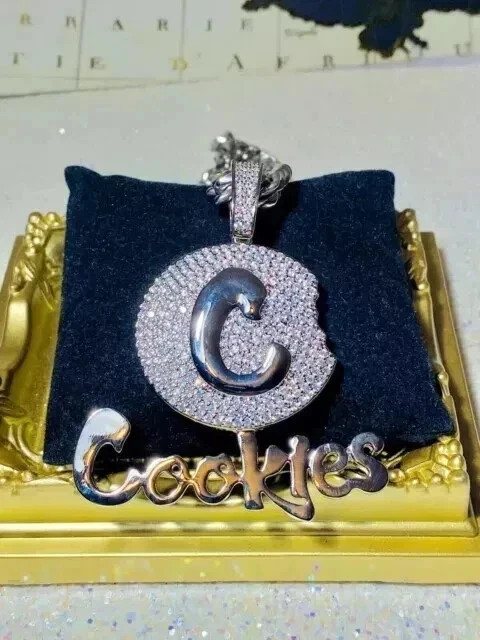 Real Moissanite 3.50Ct Round Cut Custom Cookies Pendant 14K White Gold Plated