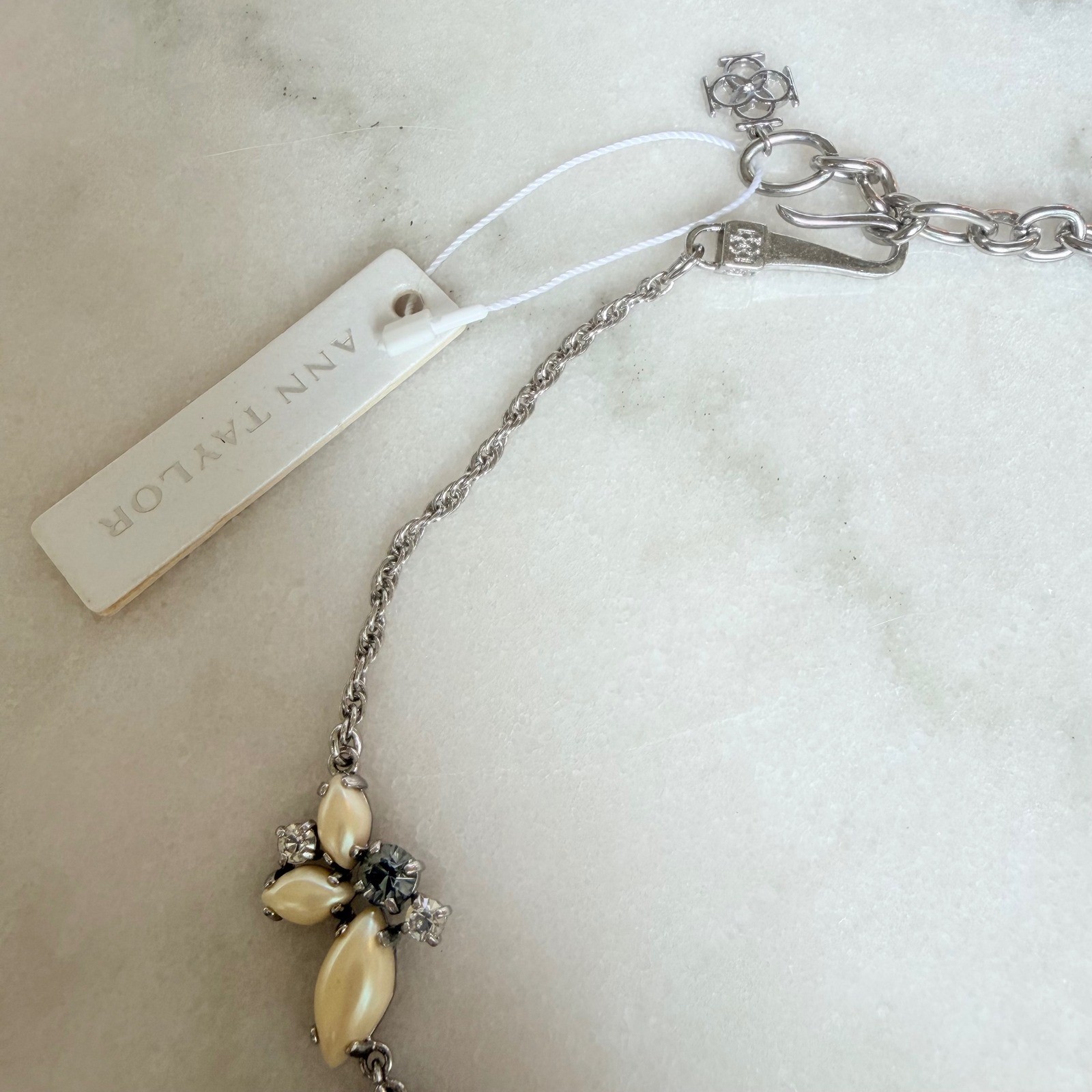 Ann Taylor Silver Tone Faux Pearl Crystal Statement Necklace Grey Cream Floral