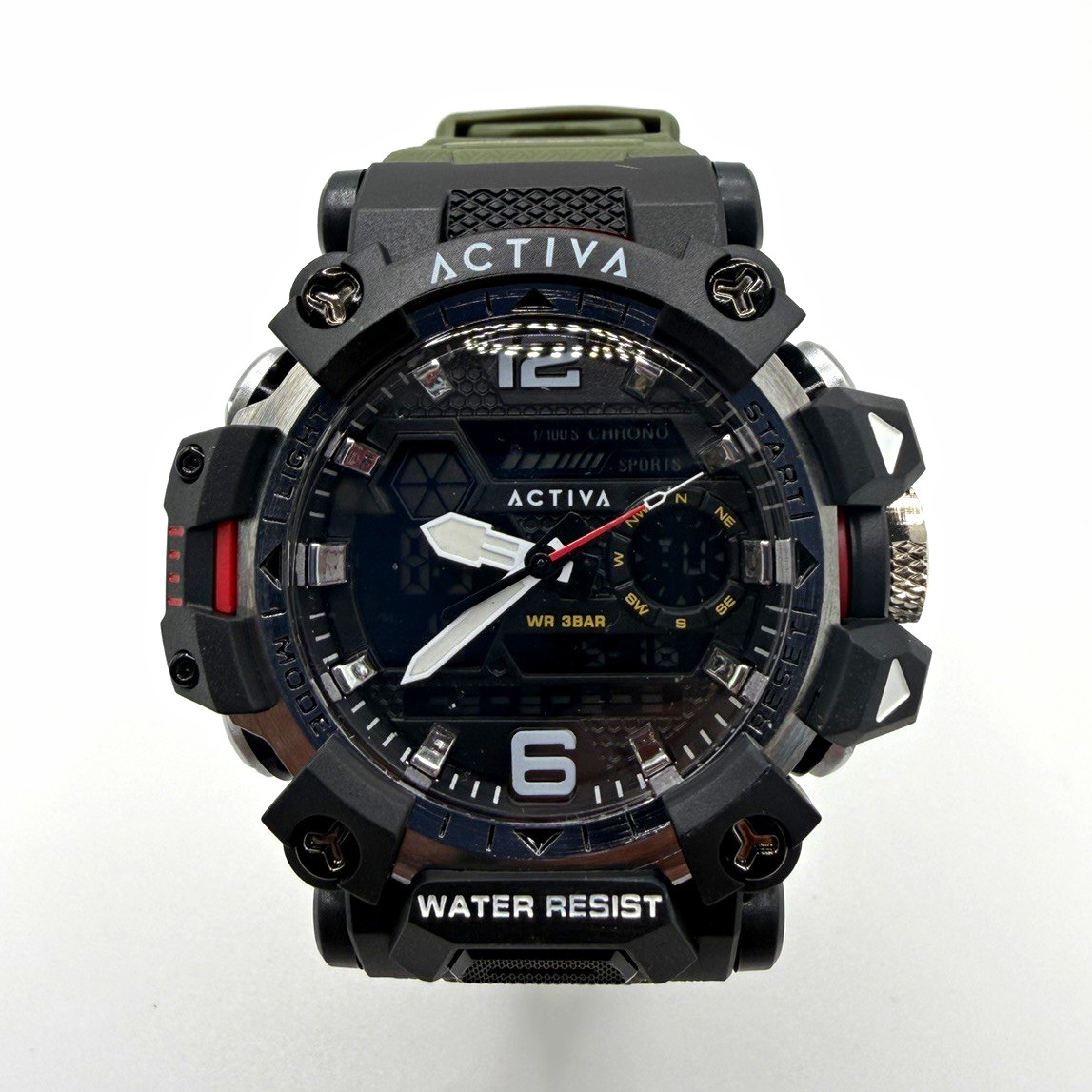 Activa Men’s Sport Quartz Chronograph 49mm Black Dial/Case Green Silicone