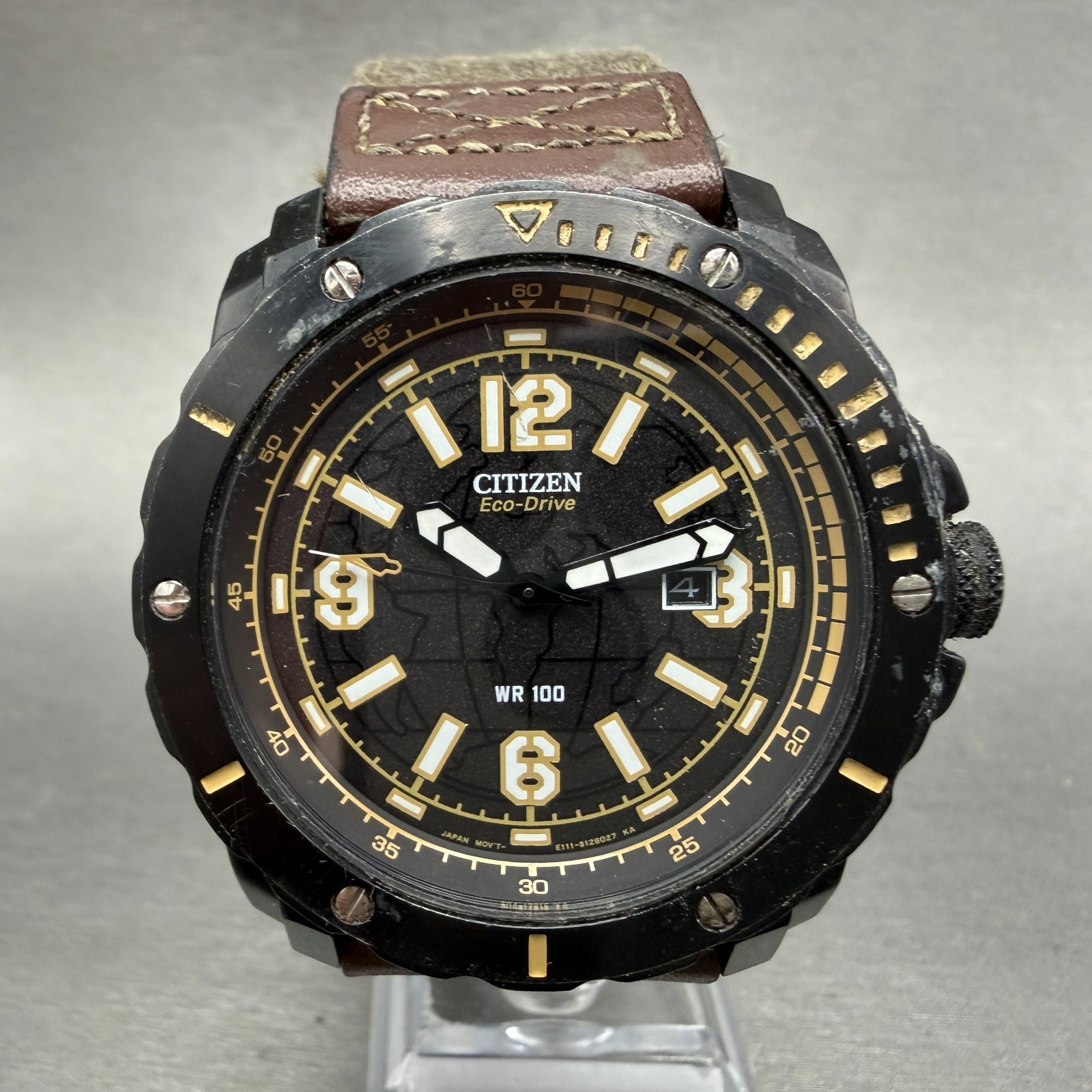 Citizen Eco-Drive Watch Men 46mm Black Dial Black Tone Date E111-S089131 Runs