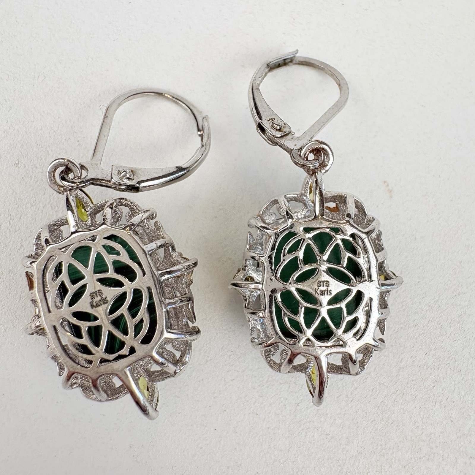 African Malachite-Peridot Karis STS Dangle Lever Back Earrings Platinum Plated