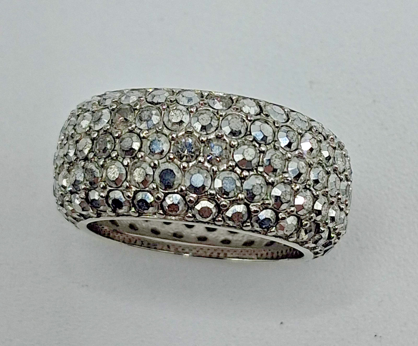Joan Boyce Silver Tone Ring Metallic Silver Rhinestones 10mm Wide Size 6.75
