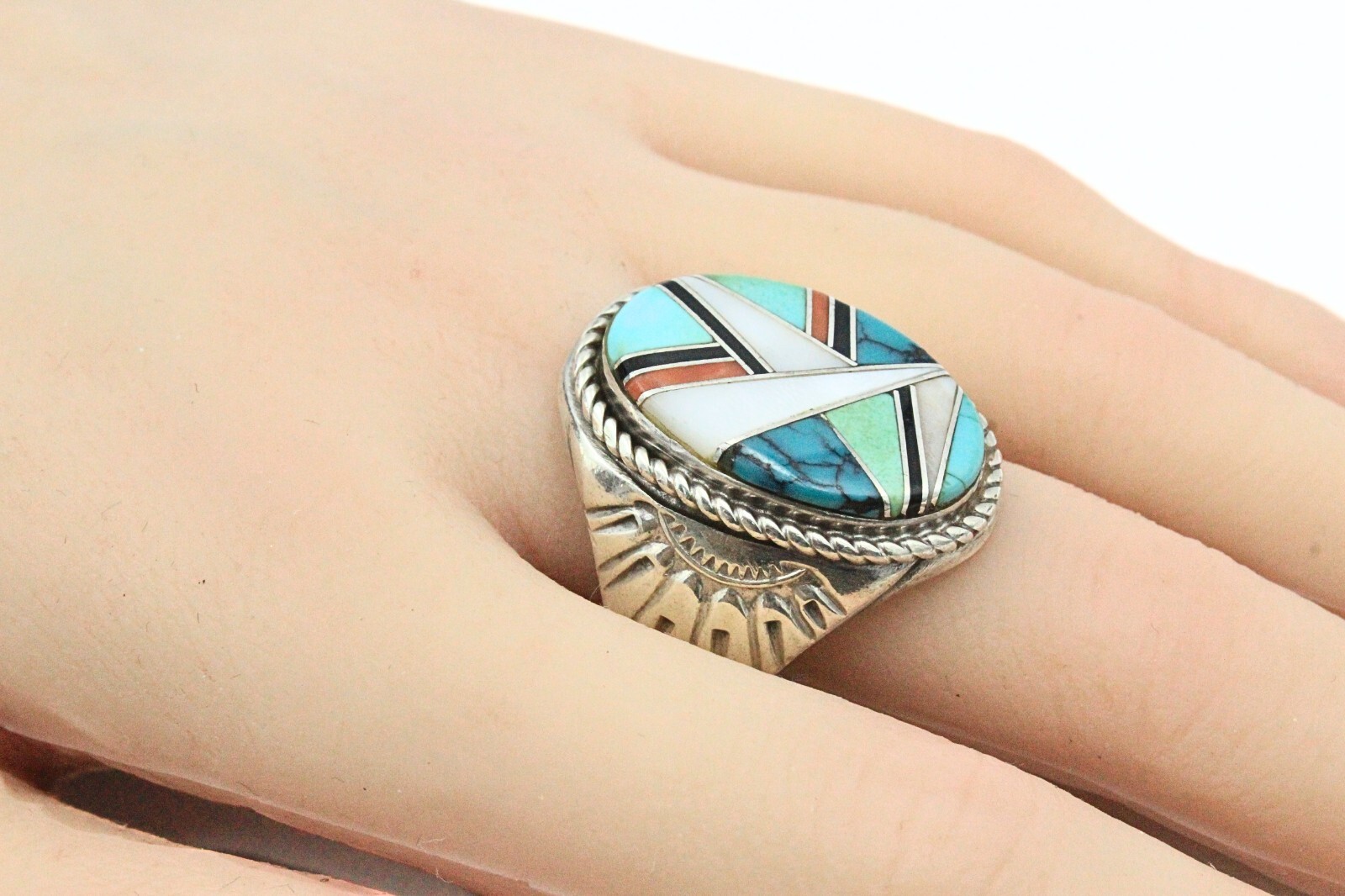 Marvelous Roger Skeet Jr Inlaid Turquoise MOP Coral Sterling Silver Navajo Ring