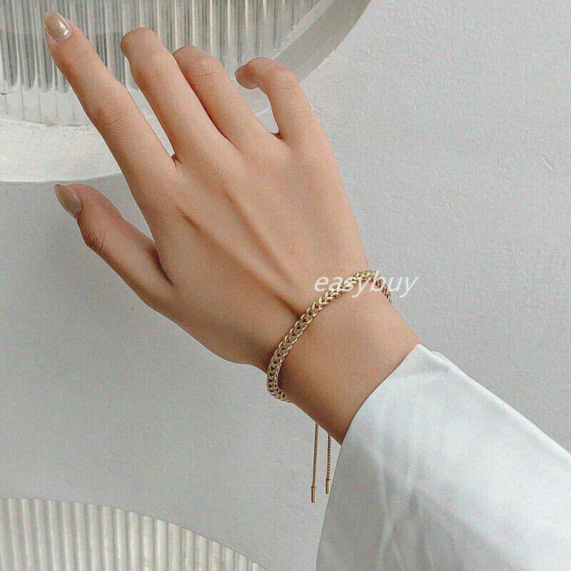 3mm Woman 14K Gold Plated Stainless Steel Mesh Wheat Braided Bracelet Bangle 9”