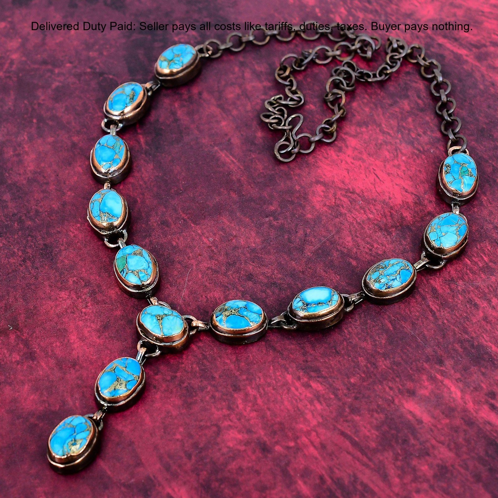 Copper Blue Turquoise Necklace Electroformed Copper Jewelry Adjustable Necklace