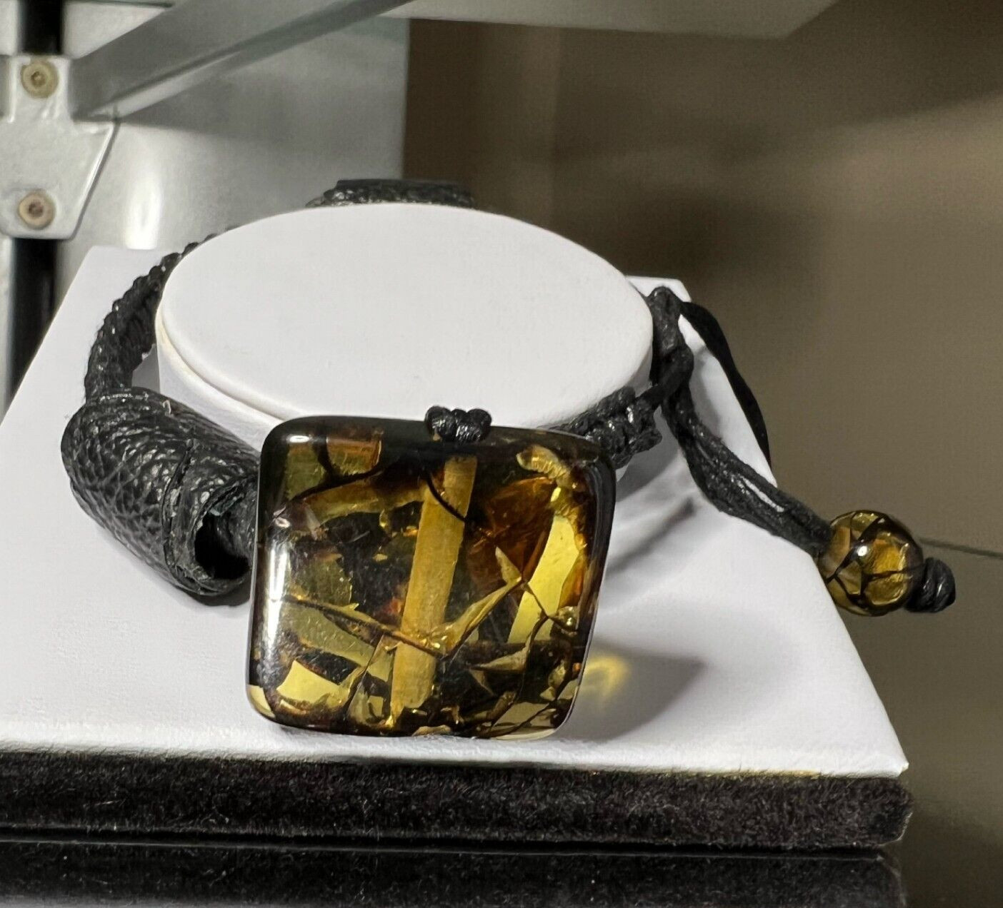 Amber macrame leather cuff bracelet jewelry for women Handmade One-of-a-Kind