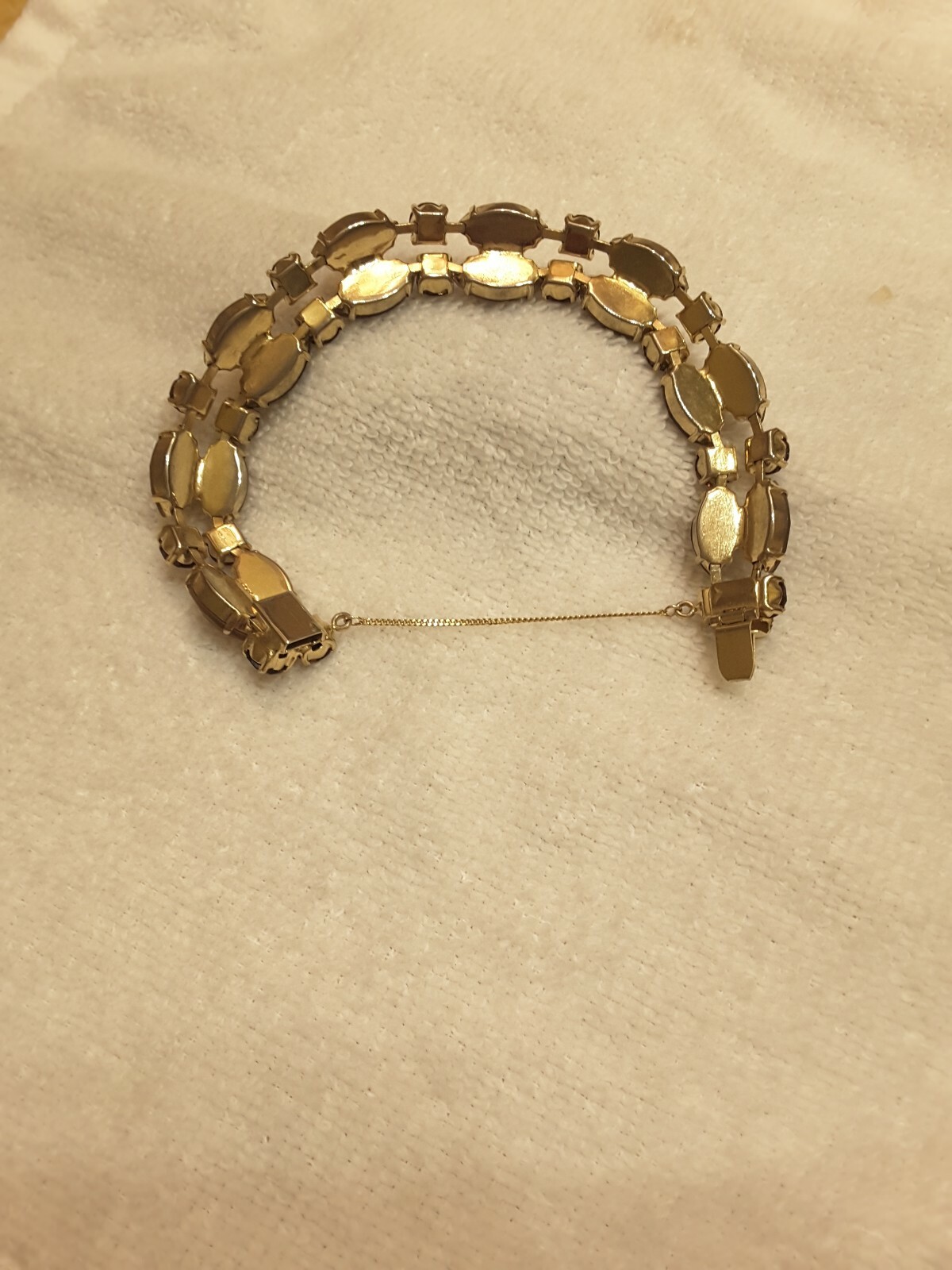 ELEGANT VINTAGE GOLD FILLED CZ TOPAZ BRACELET WITH SAFETY CHAIN 7 1/2″