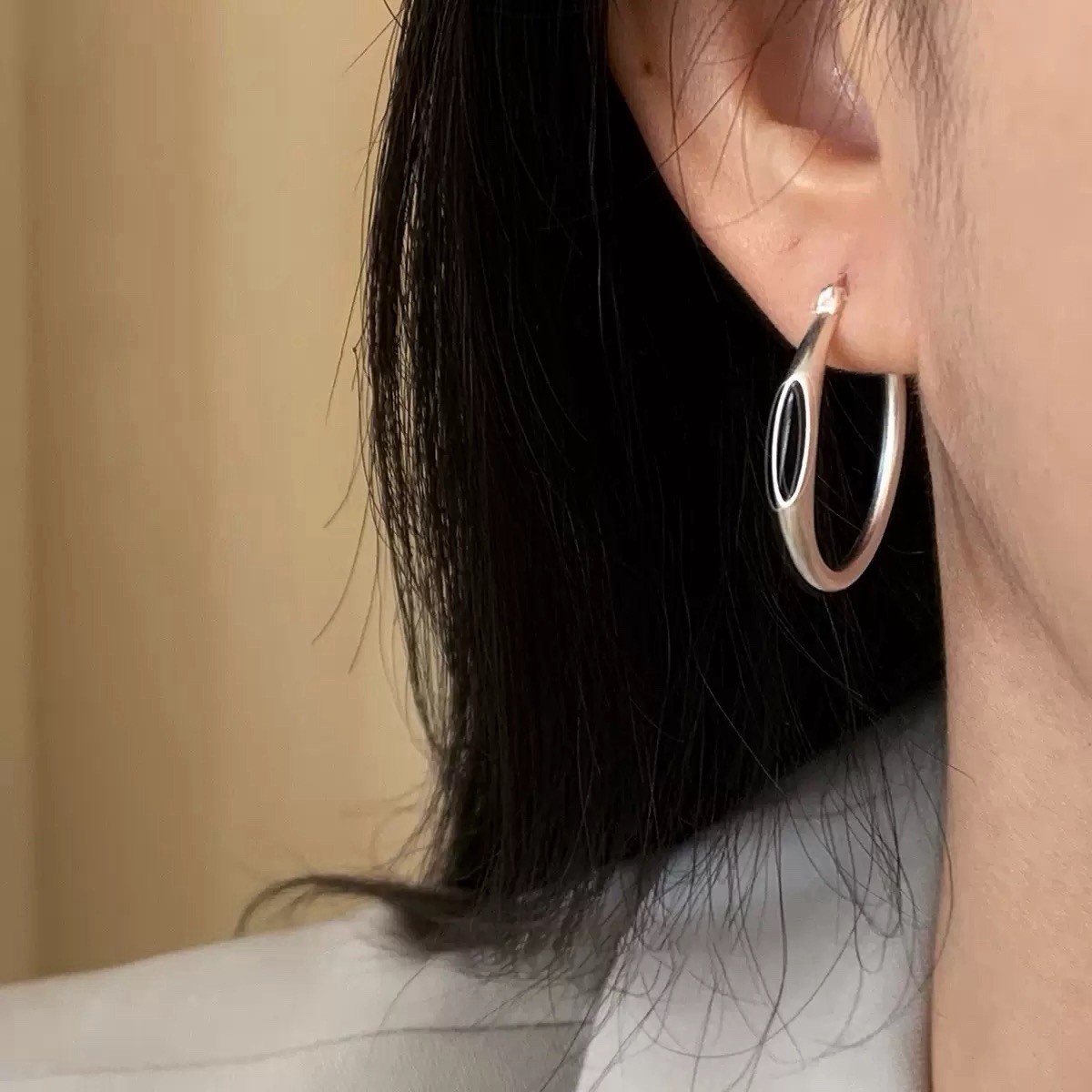 925 Silver Vintage Black Onyx Oval Hoop Earrings Minimalist Hoops for women 478