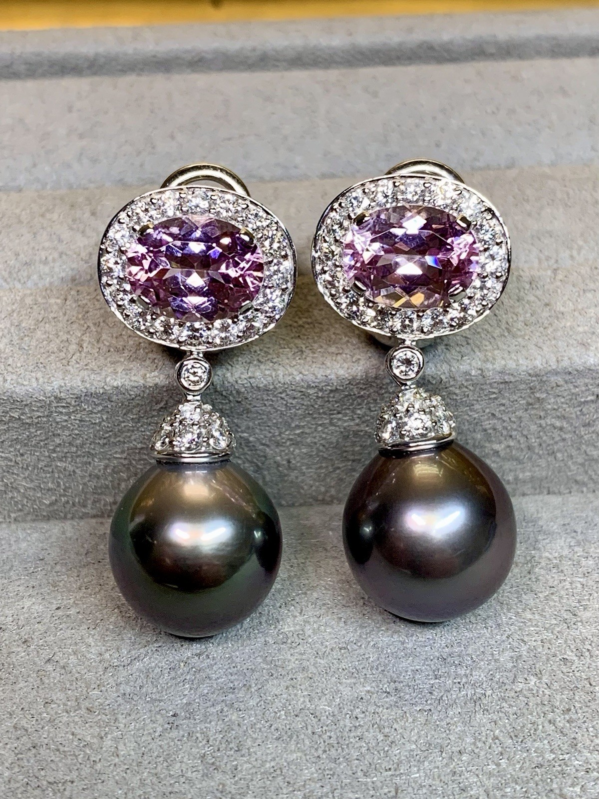 Contemporary 18K White Gold Kunzite Diamond Tahitian Pearl Drop Earrings 6.70ctw