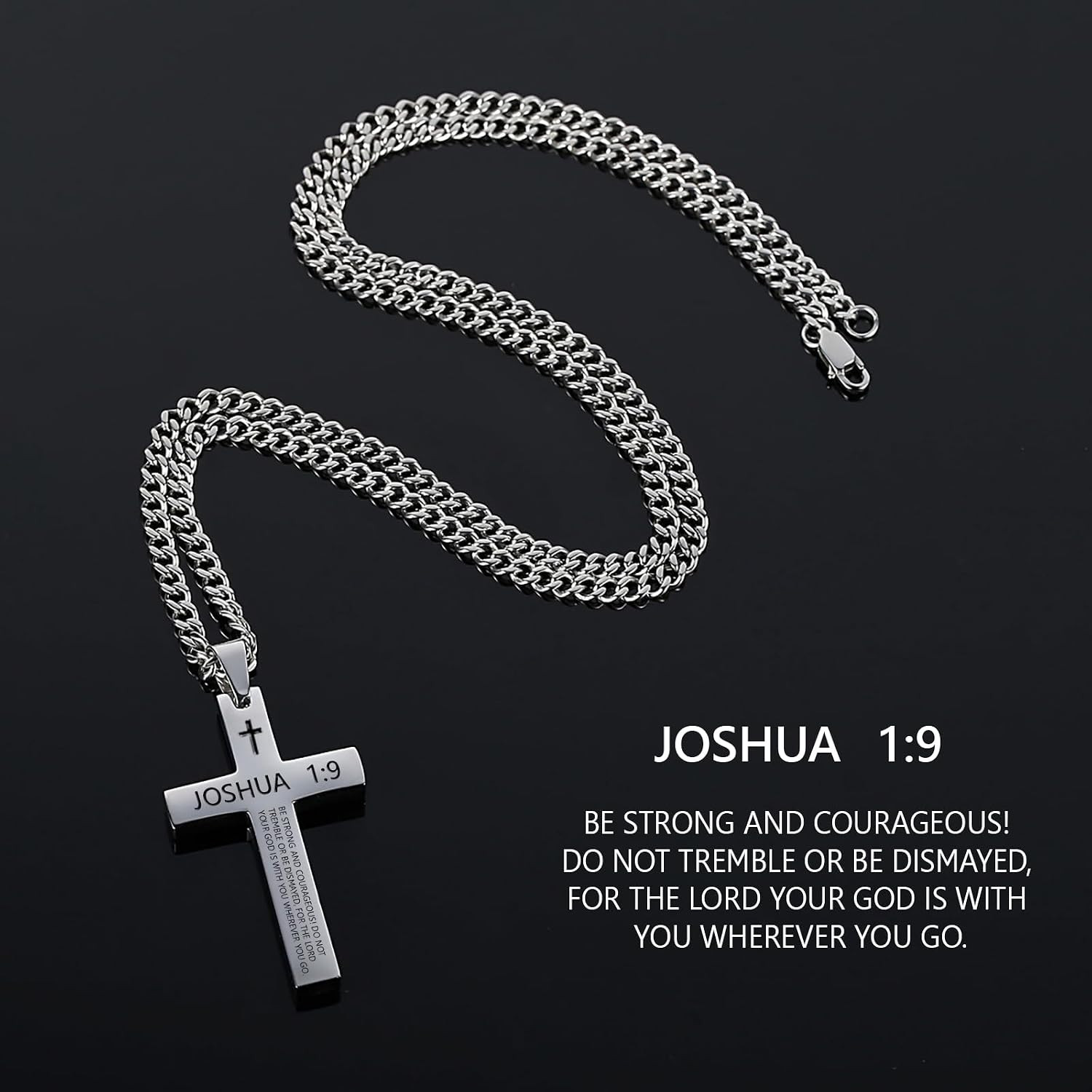 Inspirational Bible Verse Cross Necklace for Men Boys, Stainless Steel Plain Bla