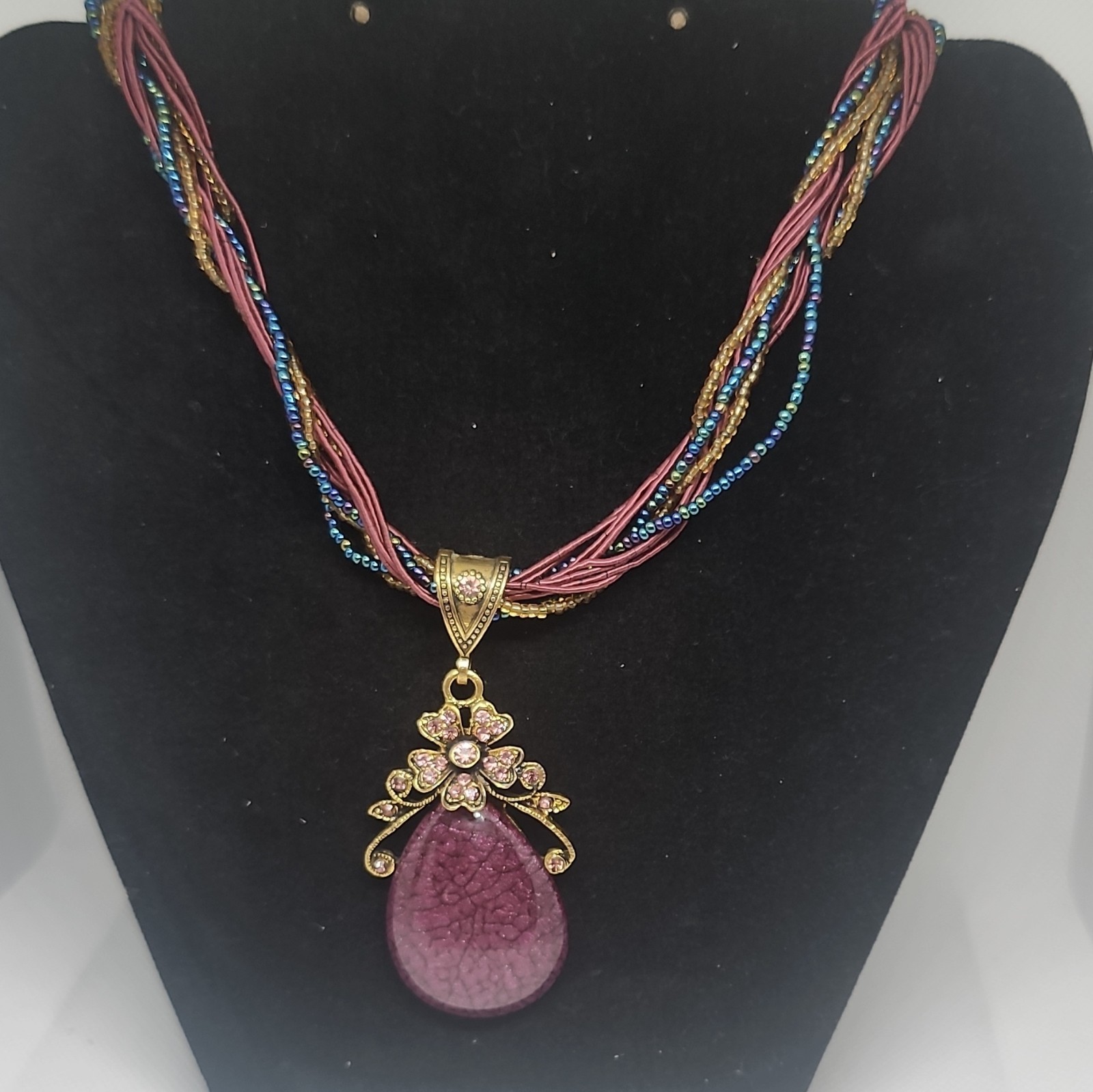 Multi-Strand Beaded Cord Necklace Purple Teardrop Charm Pendant Adjustable