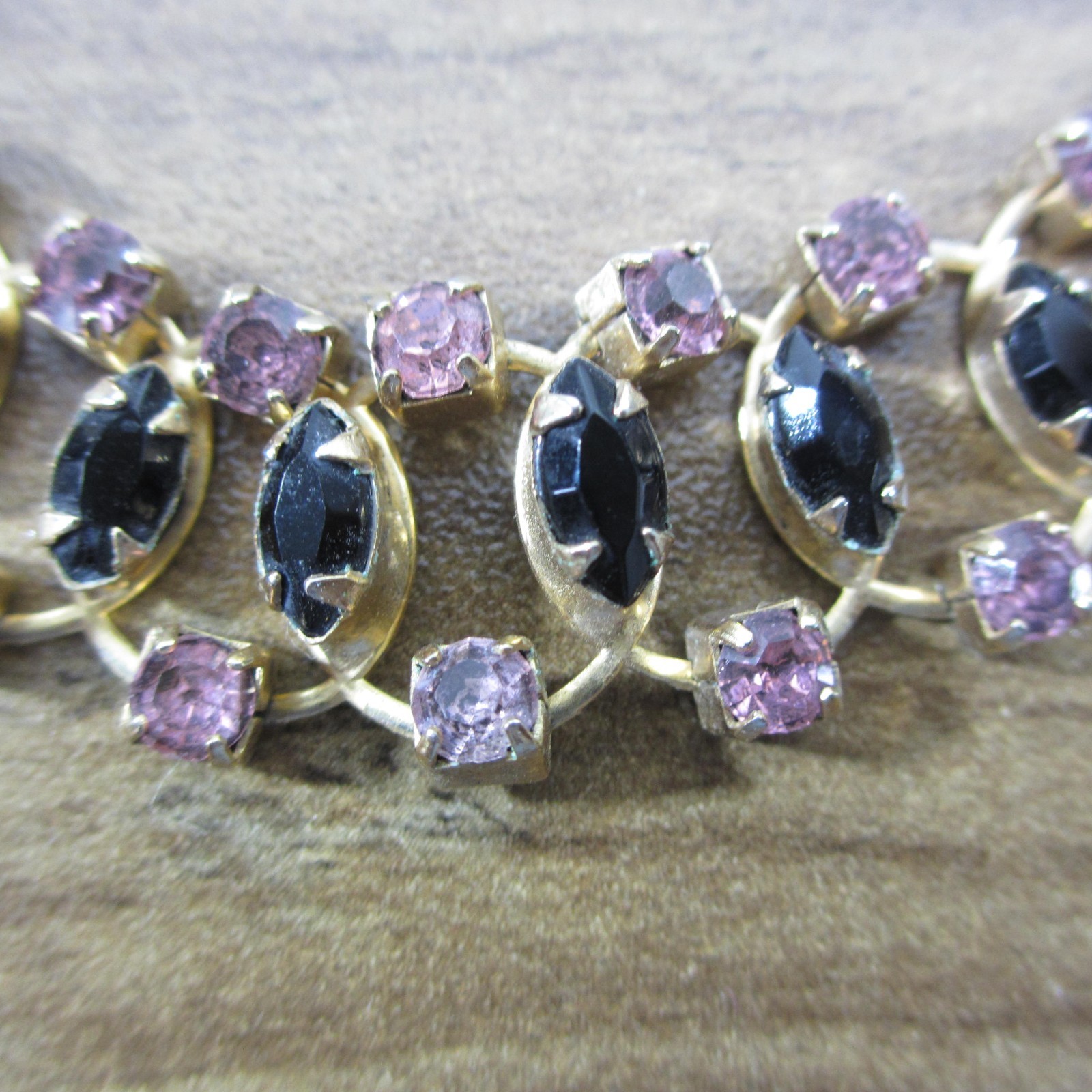 Vintage Rhinestone Necklace Purple Black Gold Tone Choker Collar 15 Inch