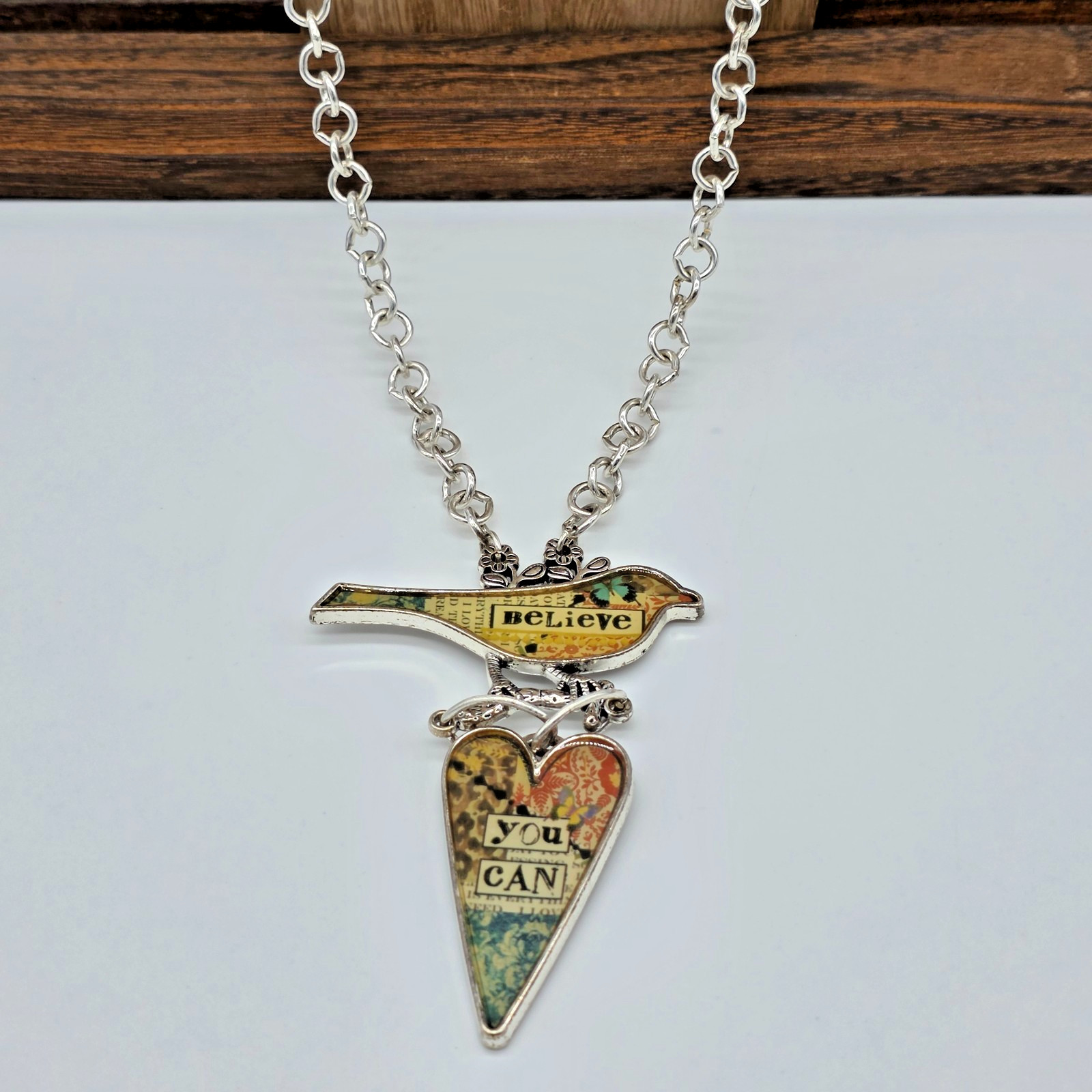 Plunder BELIEVE YOU CAN Silver Bird & Heart Pendant Mixed Media Necklace 30”