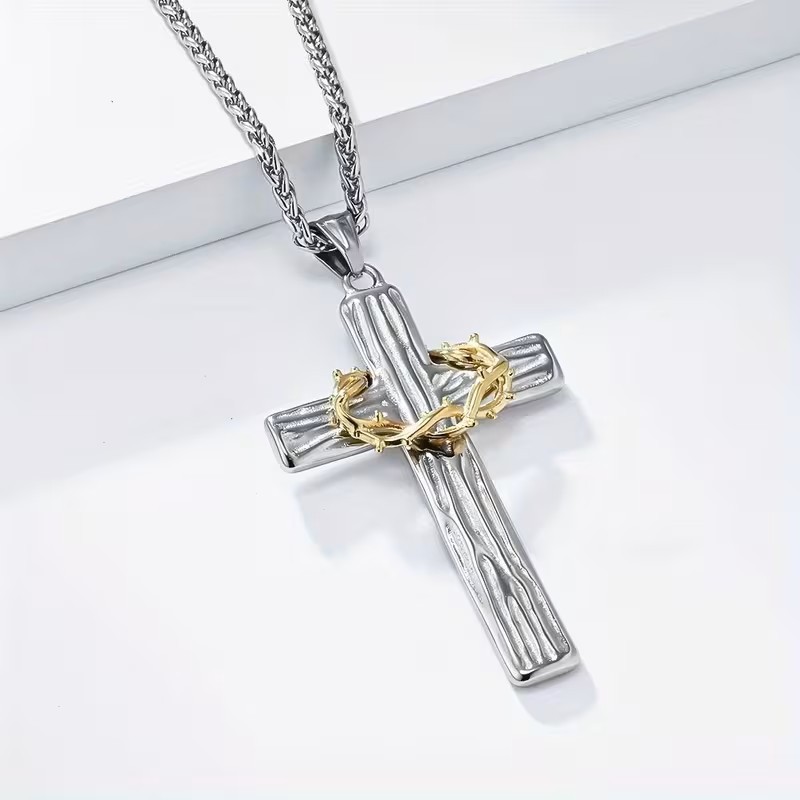 Silver Christian Cross Necklace Crown of Thorns Pendant Gift Jesus Mens