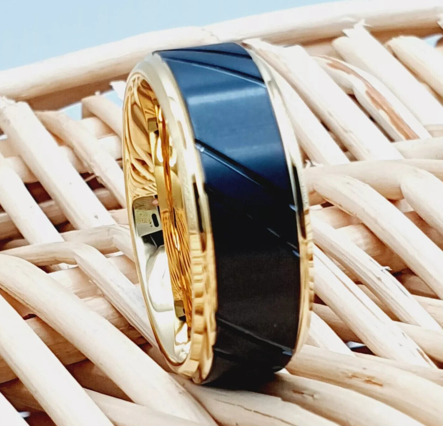 Men’s Yellow Gold Tungsten Wedding Band Engraved Anniversary Promise Ring