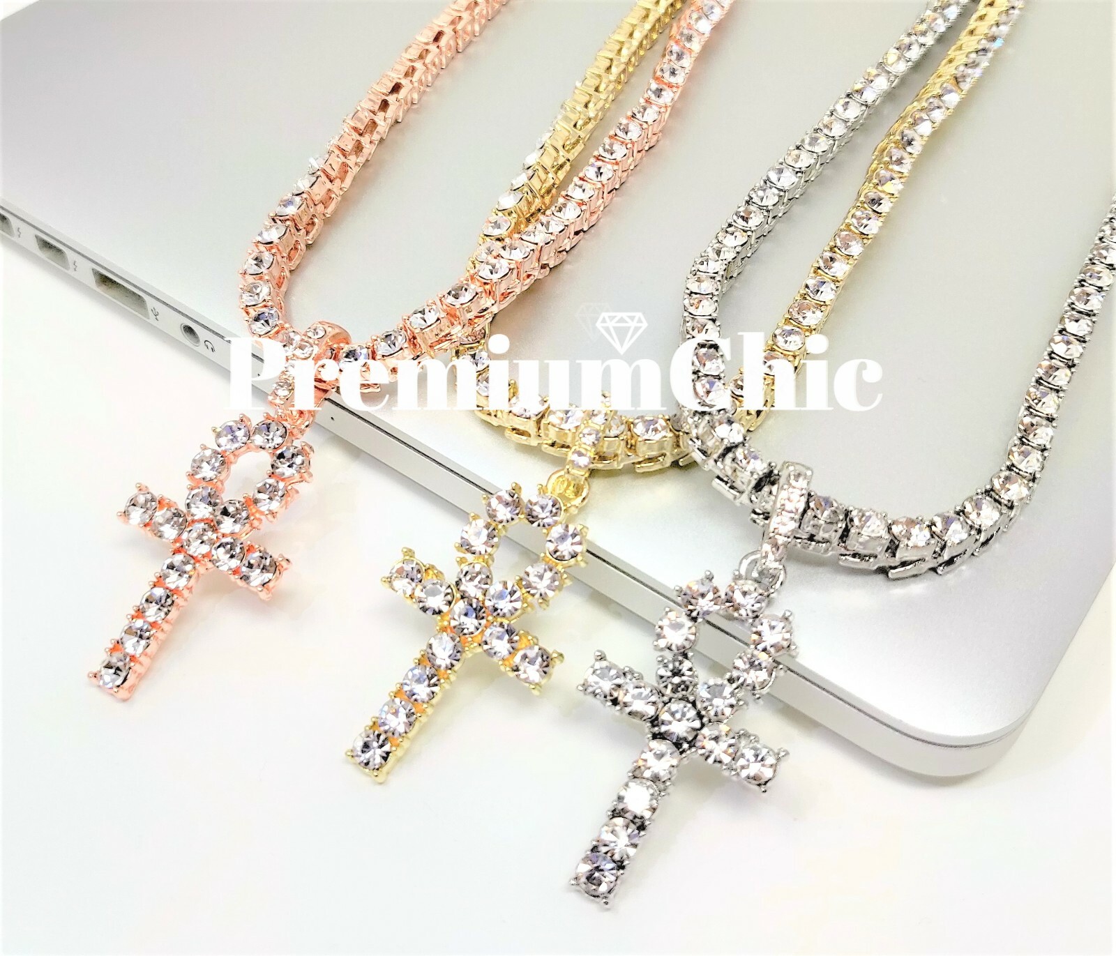 ANKH Cross Pendant with CZ Tennis Chain Hip Hop ICED Necklace Rose Gold Plated
