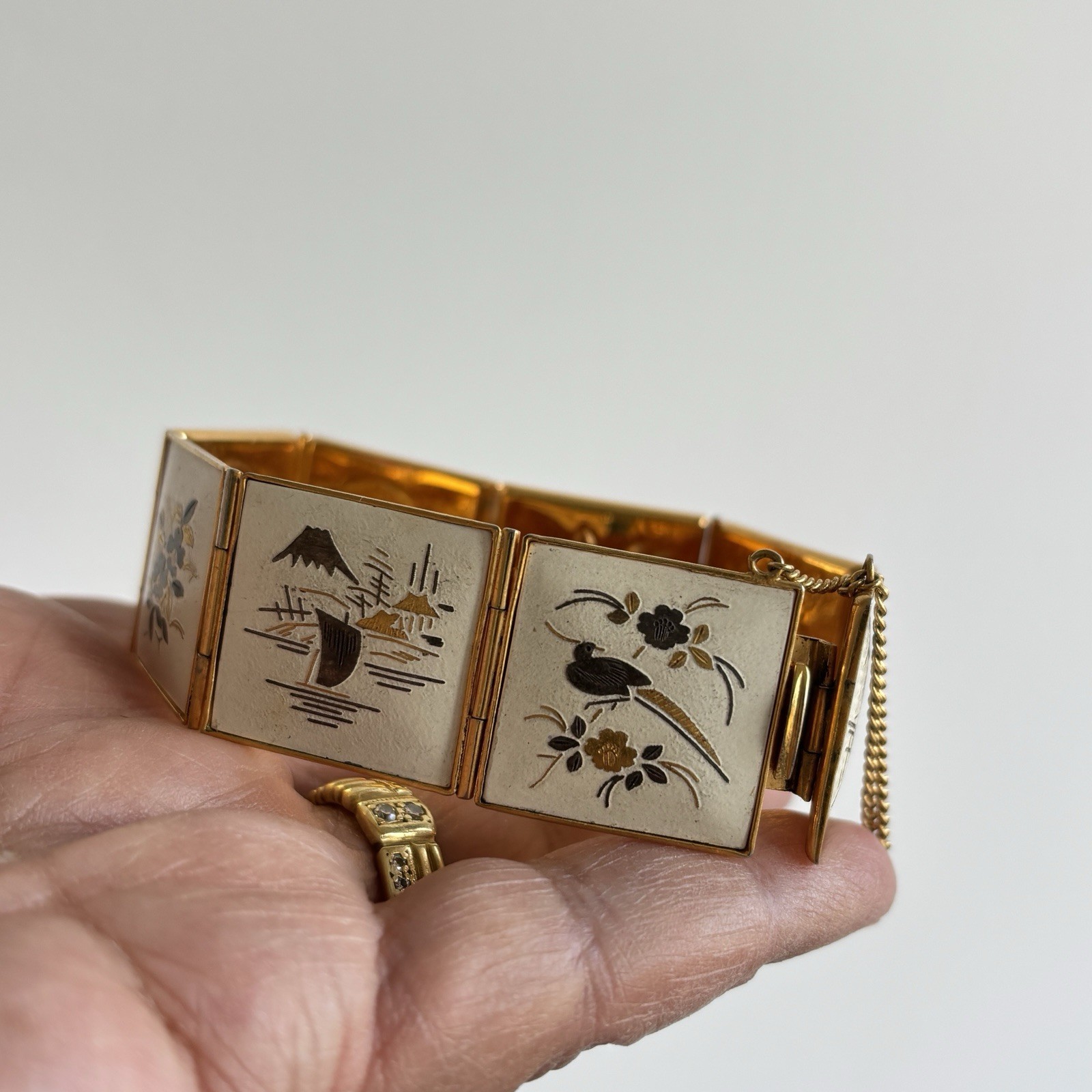 Vintage Amita Japan Damascene Panel Bracelet Gold Tone Scenic Floral Bird Motif