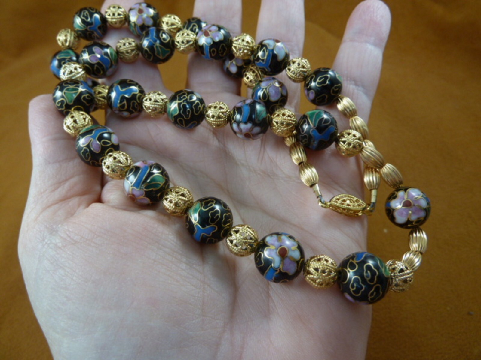 (v259-21) Black pink flower Cloisonne traditional 21″ beaded Necklace JEWELRY
