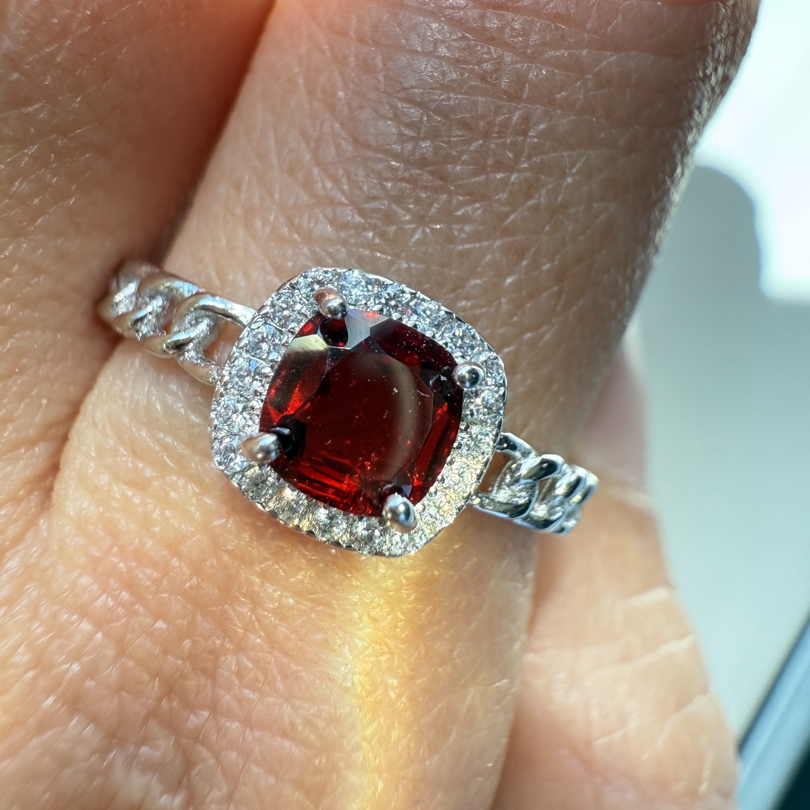 925 Sterling Silver Ring 5mm Natural Rhodolite Garnet Zircon Handmade Chain Gift