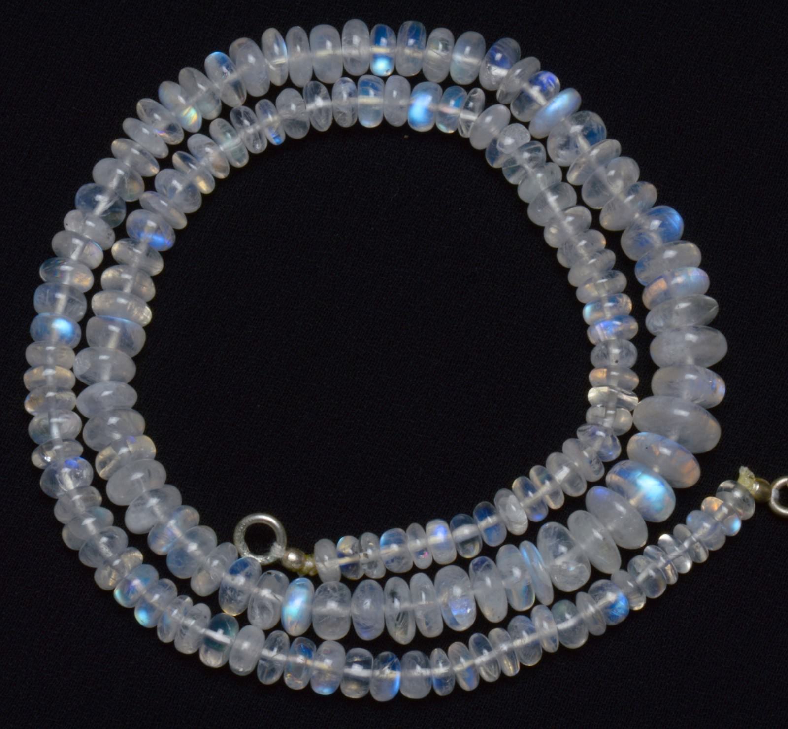 NATURAL GEM BLUE FIRE RAINBOW MOONSTONE SMOOTH 5-10MM RONDELLE BEADS 18″NECKLACE