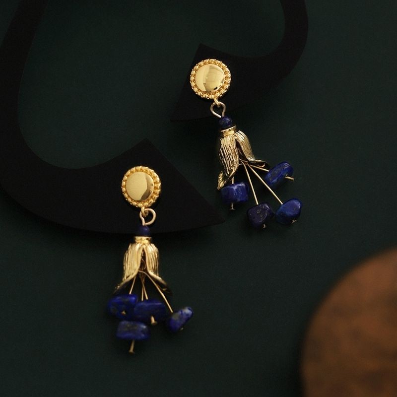 Lapis Lazuli Drop Earrings Gold Plated French Retro Blue Stone Dangle