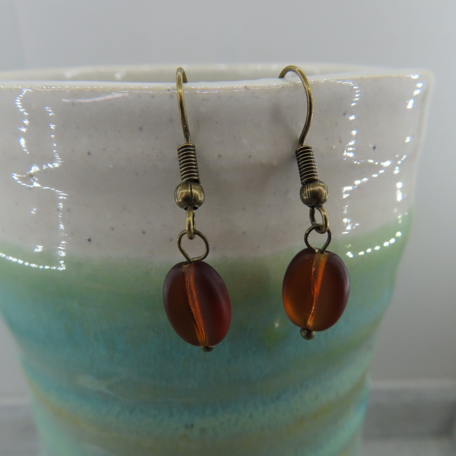 COFFEE LOVER Dangle Earrings Brown Czech Glass Bean Bronze Tone Artisan Gift