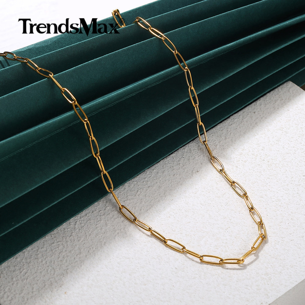 Gold PLATED Paperclip Chain Choker Women Stainless Steel Cable Link Necklace