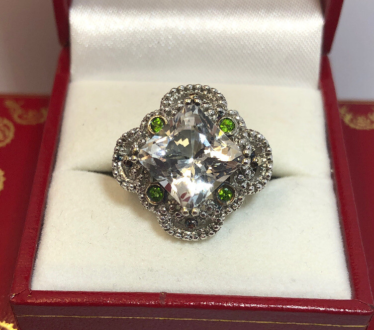 Sterling Silver White Topaz Chrome Diopside Multi Gemstone Modern Deco Ring 7