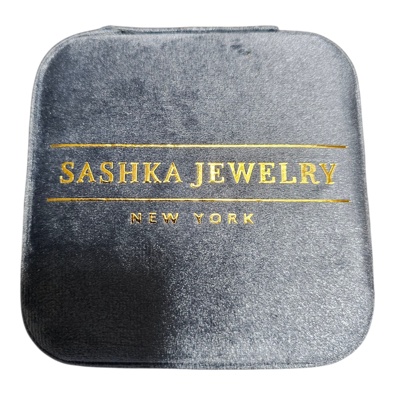 Sashka Jewelry Box Travel Organizer Plush Velvet Blue Mirror Zipper 4″ x 4″ x 2″