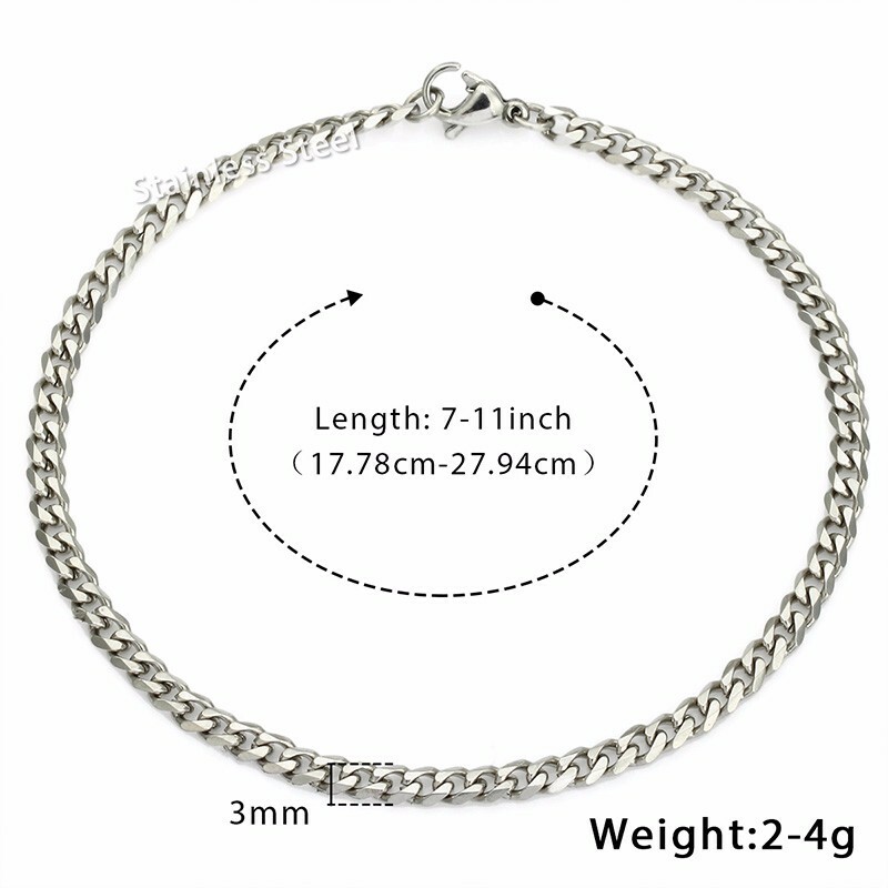 3MM 9″ Curb Cuban Link Anklet Bracelet Silver Stainless Steel Chain for Unisex