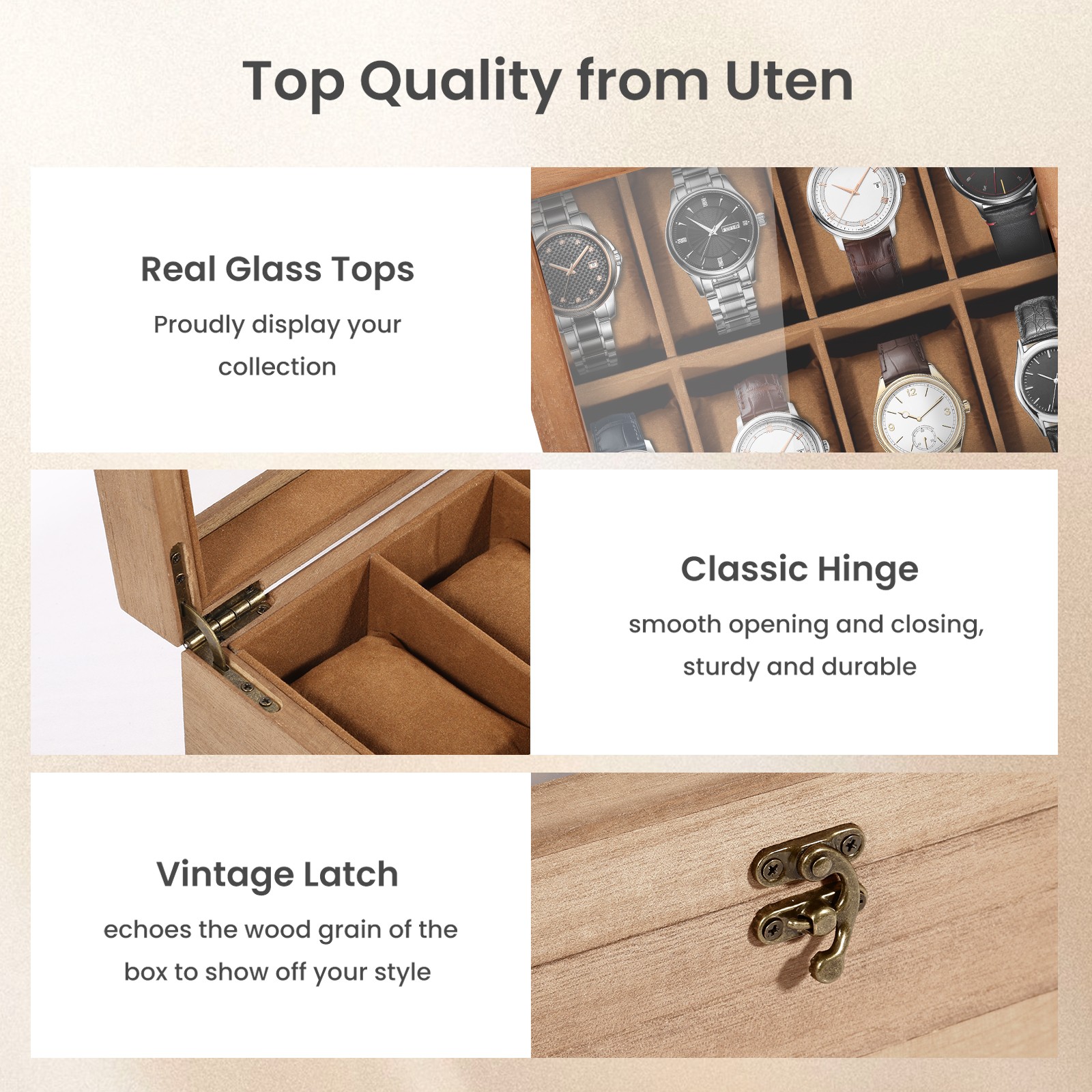 8 Slots Watch Box Solid Wood Watch Case Jewelry Storage Glass Lid Display Case